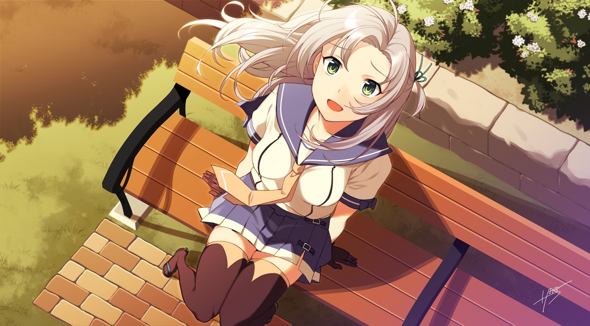 Anime 1920x1062 Kantai Collection Kinugasa (KanColle) school uniform thigh-highs white hair bench grass