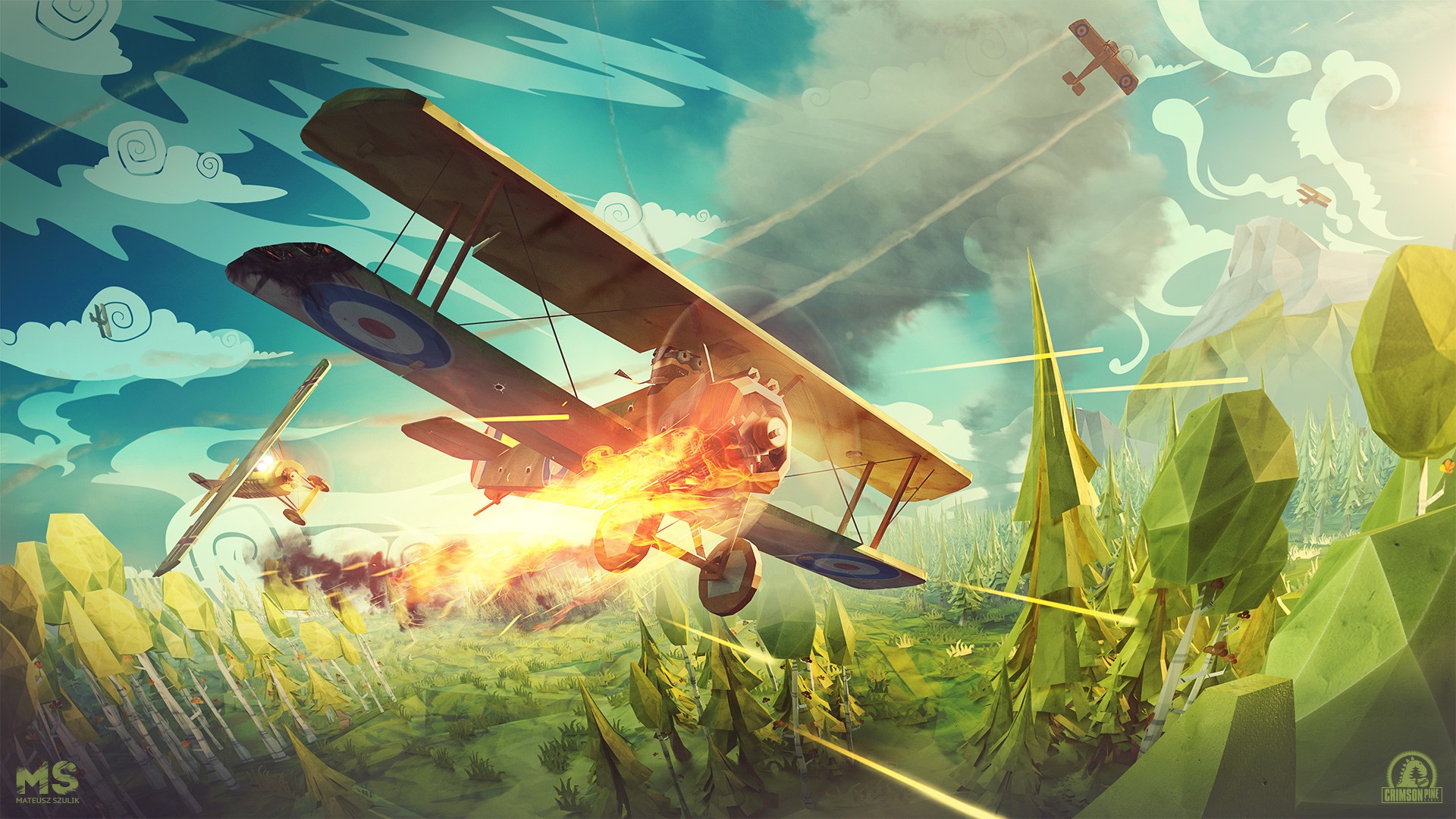 General 1920x1080 digital art low poly Mateusz Szulik clouds airplane battle fire trees forest flying smoke contrails biplane propeller Royal Air Force vehicle