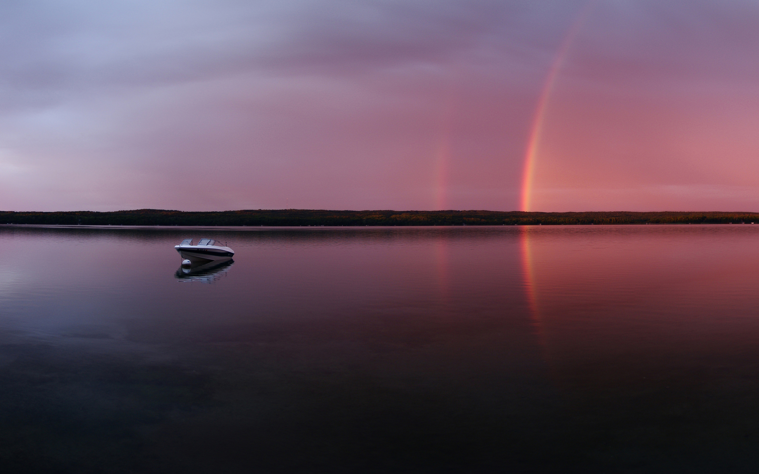 General 2560x1600 nature landscape water reflection boat rainbows lake horizon forest low light