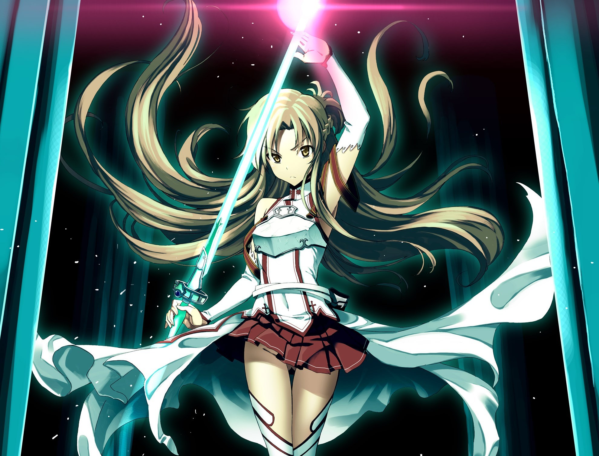 Anime 1981x1507 anime anime girls Sword Art Online Yuuki Asuna (Sword Art Online) miniskirt long hair sword upskirt