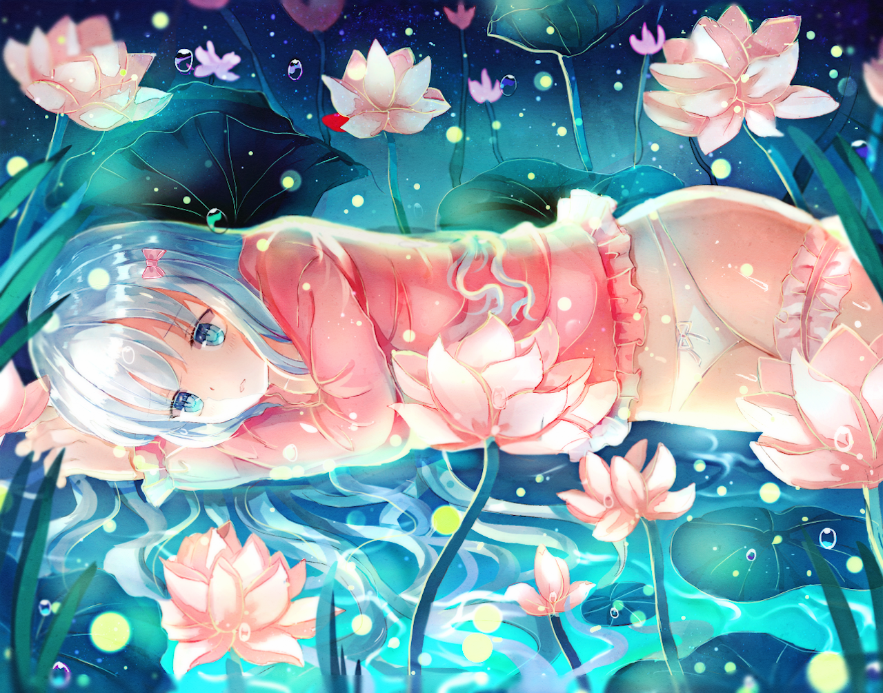 Anime 1280x1005 blue eyes blue hair bubbles Eromanga-sensei flowers Izumi Sagiri leaves panties underwear water anime girls lying on side