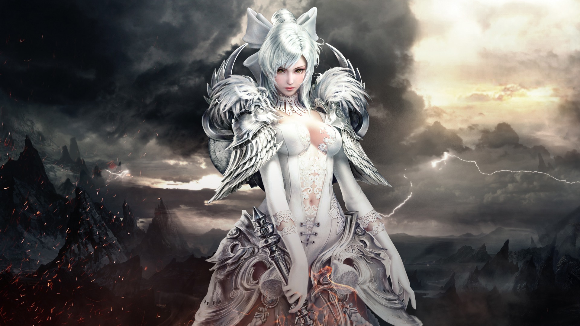 General 1920x1080 video games Revelation Online MMORPG fantasy weapon fantasy art armor gloves white hair yellow eyes clouds lightning mountains dust storm women warrior feathers