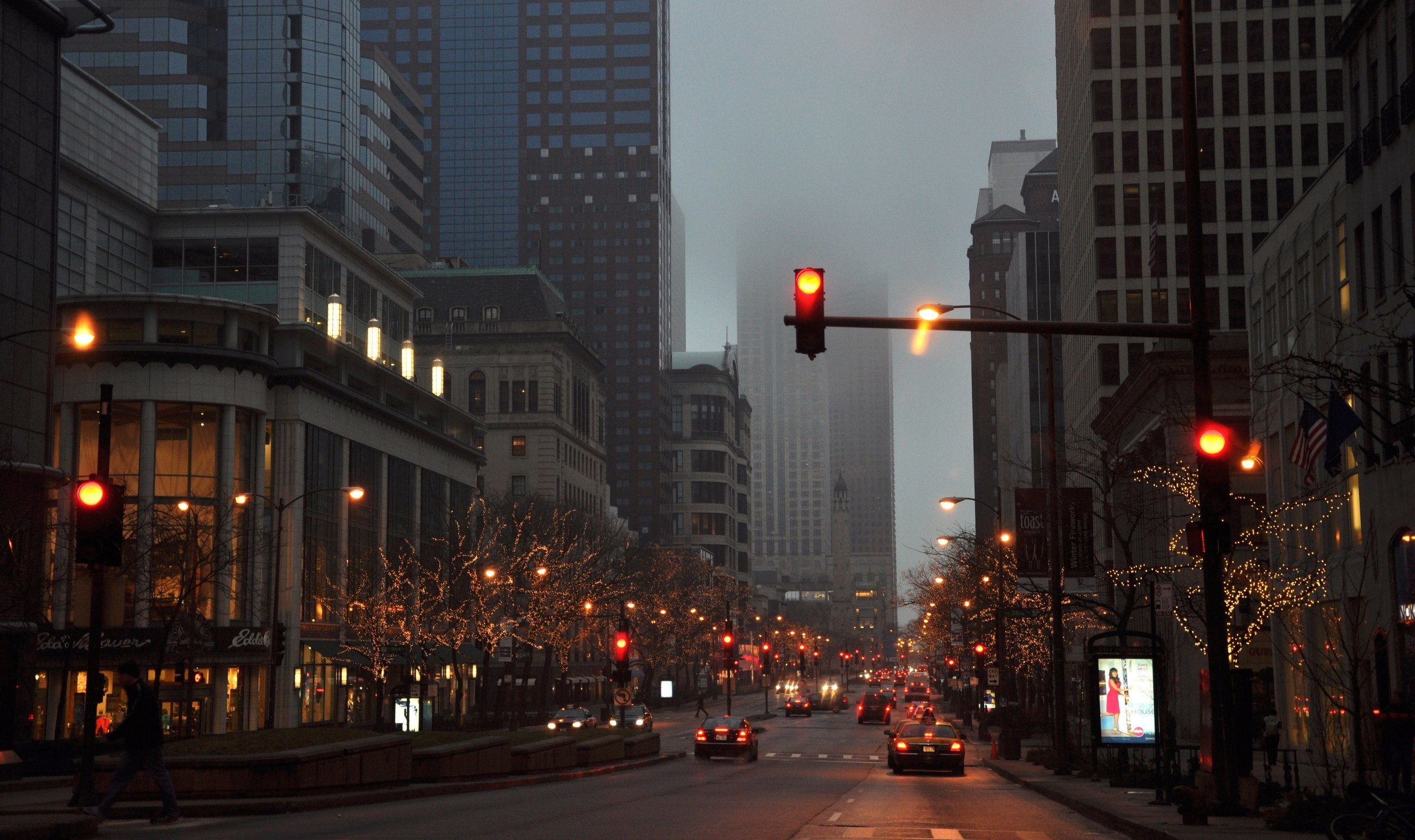 General 2560x1520 urban cityscape street Chicago mist road city skyscraper evening USA traffic lights