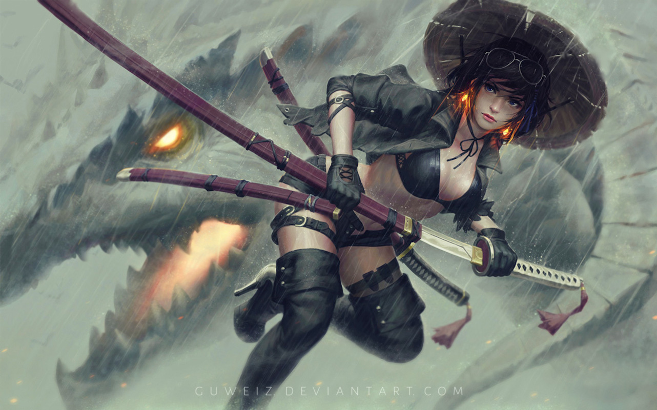 Anime 1282x800 animals blue eyes boots boobs glasses gloves GUWEIZ hat katana belly button short hair shorts sunglasses sword weapon horns pink hair thigh-highs fantasy girl cleavage