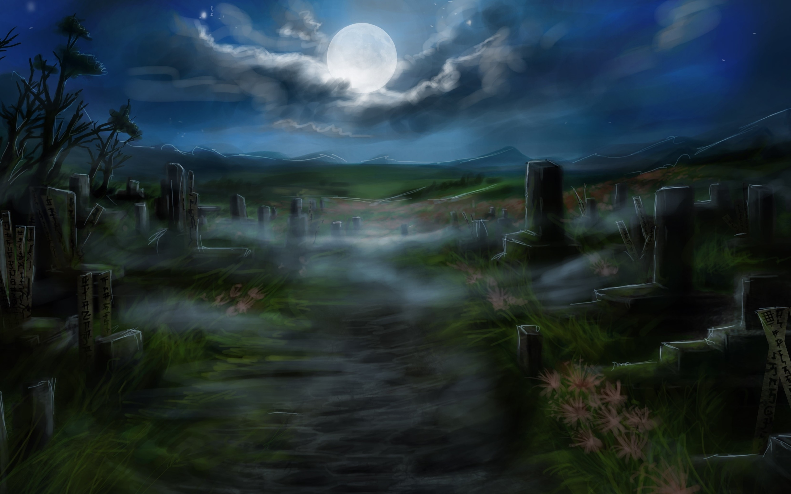 General 2560x1600 night Moon clouds cemetery artwork digital art