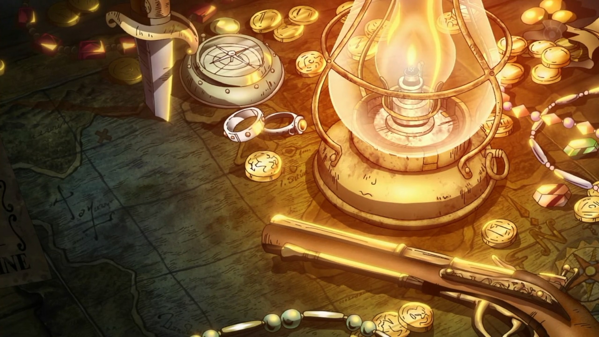 Anime 1920x1080 One Piece treasure gold lamp gun anime lantern coins compass rings weapon map