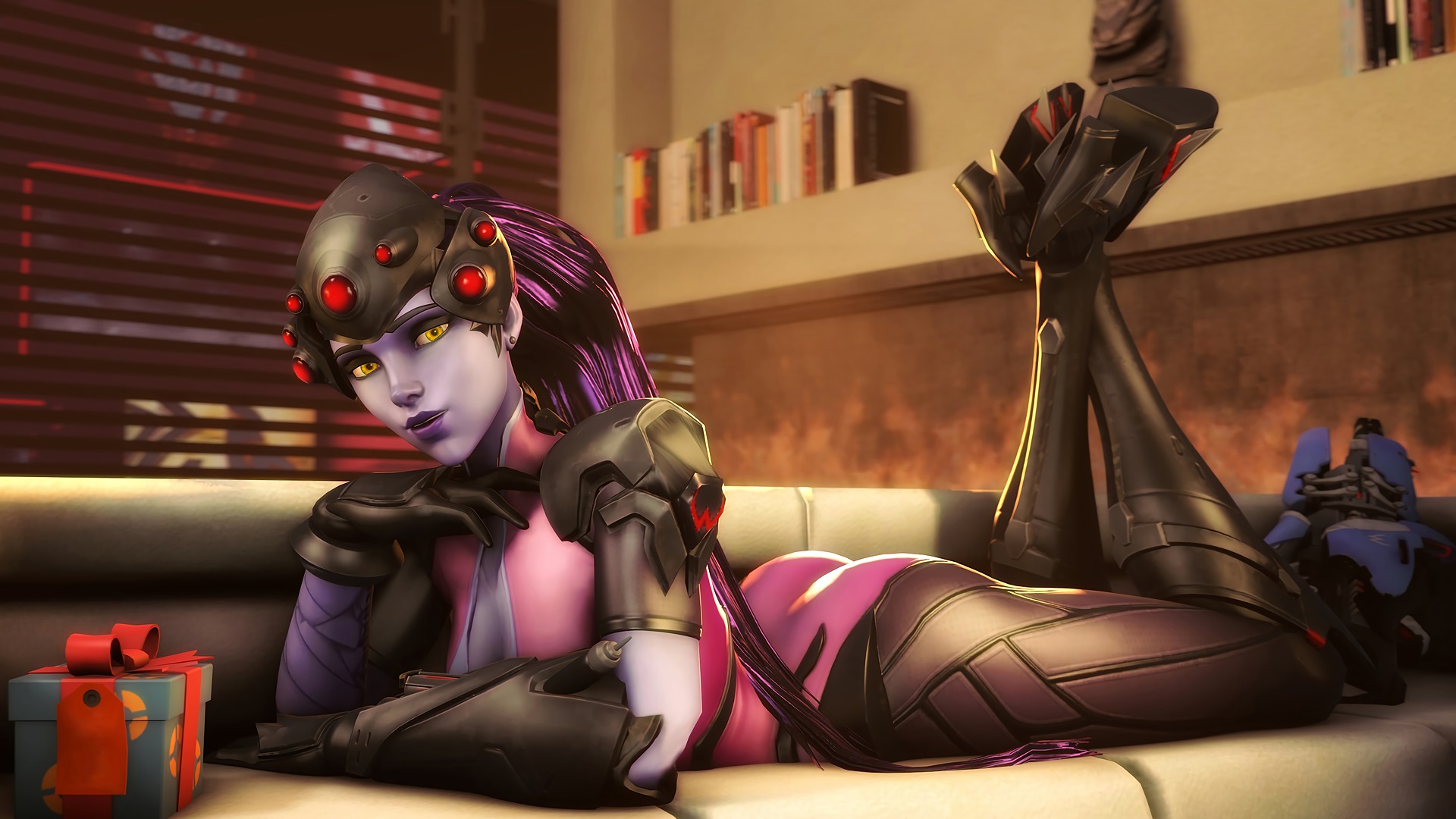 General 1920x1080 Overwatch Anniversary Widowmaker (Overwatch) ass yellow eyes video game art legs up presents PC gaming lying on front