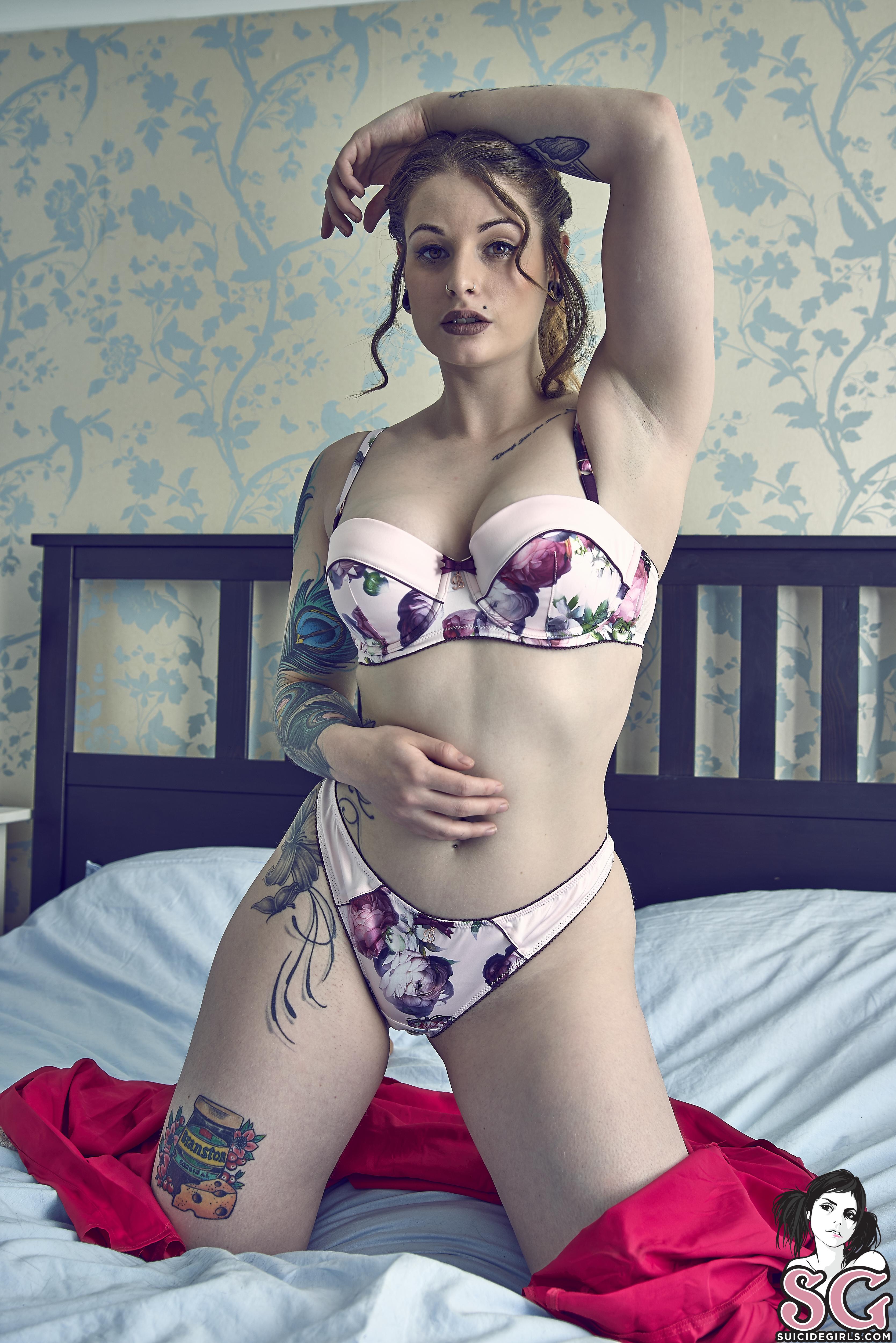 People 3337x5000 Suicide Girls tattoo in bed pillow Rebeccalotus women portrait display watermarked