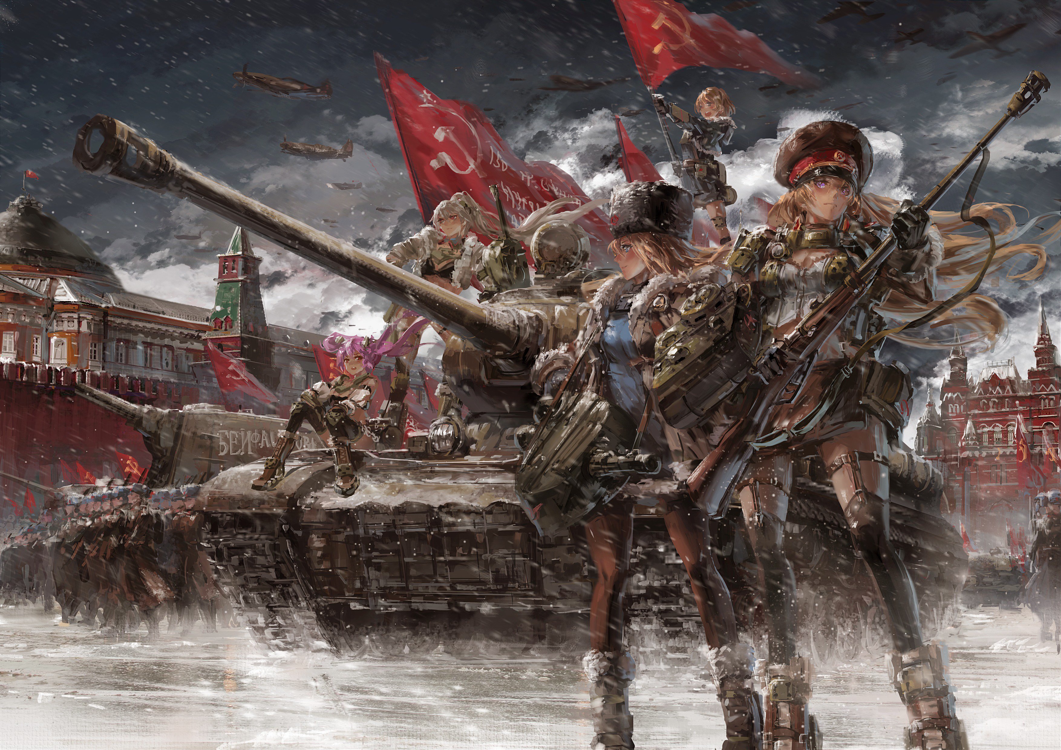 Anime 3508x2480 Russia tank female soldier flag IS-2 KV-2 Panzer Waltz USSR weapon anime girls World War II Moscow