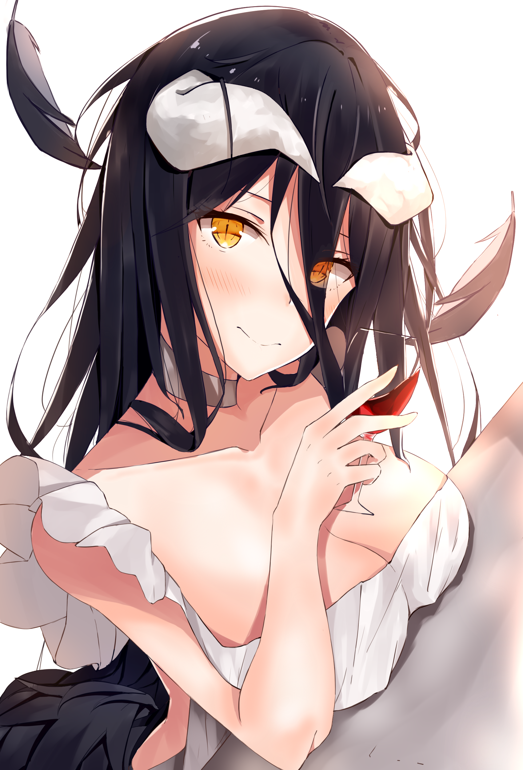 Anime 1700x2500 long hair cleavage boobs Albedo (OverLord) Overlord (anime) yellow eyes horns black wings feathers white background black hair