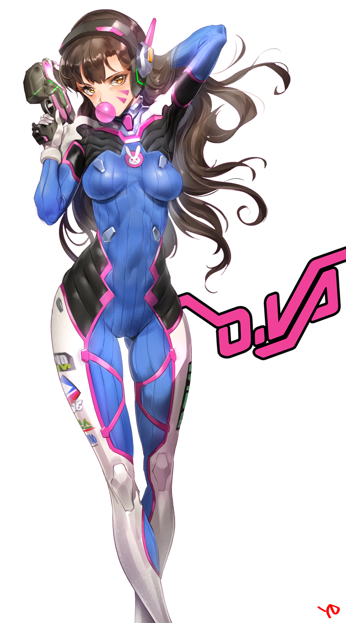 Anime 1198x2152 Overwatch anime anime girls bodysuit D.Va (Overwatch) long hair orange eyes gun weapon PC gaming video game girls video game characters Pixiv boobs belly brunette food sweets bubble gum girls with guns one arm up looking at viewer