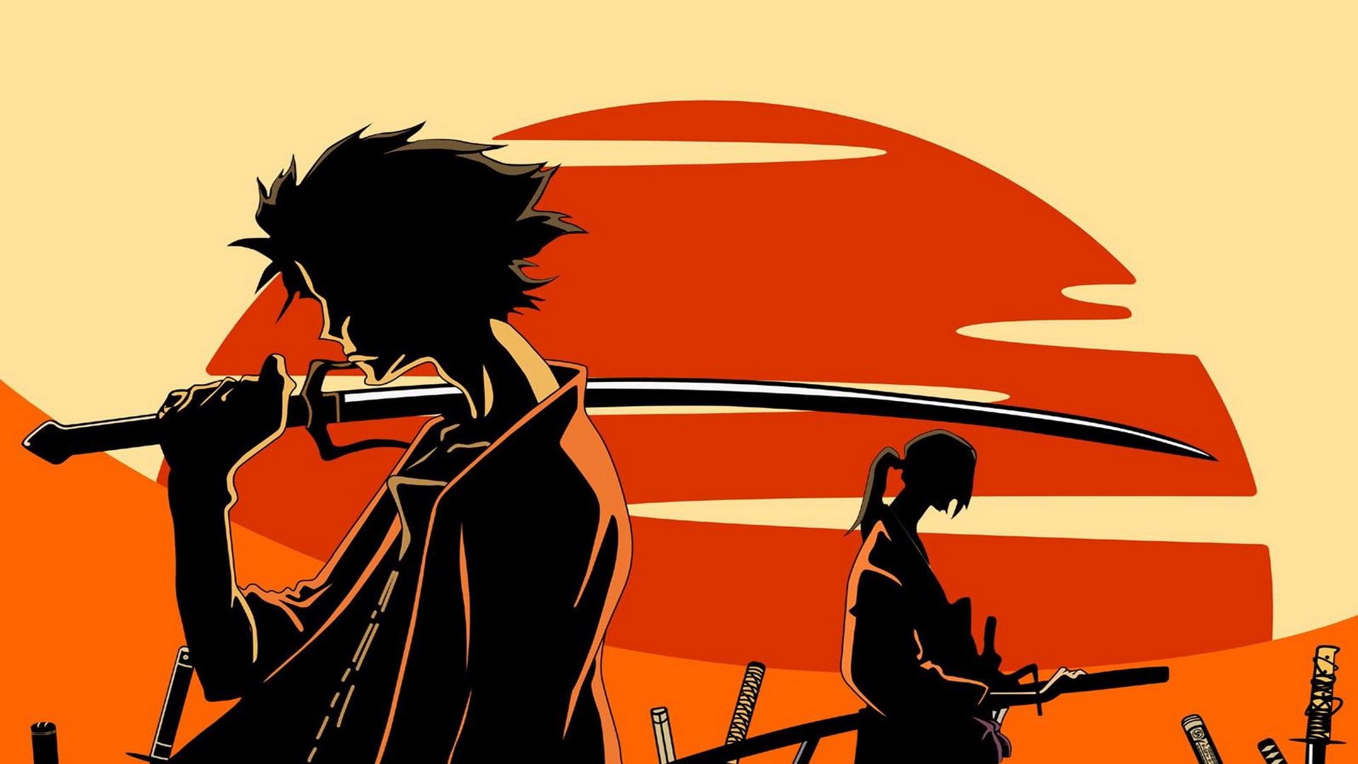 Anime 1920x1080 Samurai Champloo Jin (Samurai Champloo) Mugen (Samurai Champloo) anime sword weapon anime boys Sun silhouette katana anime men Mugen (Samurai Champloo)
