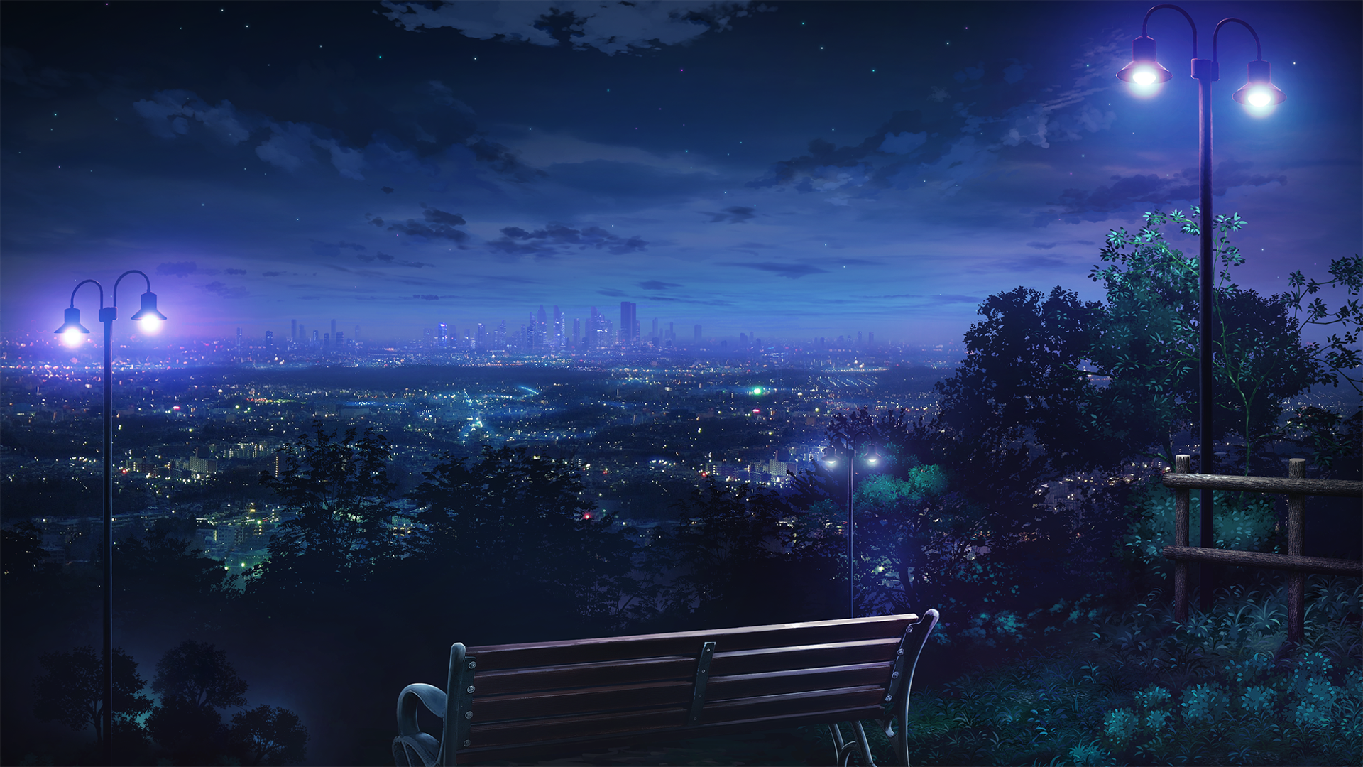 General 1920x1080 night city lights cityscape anime lantern bench sky stars