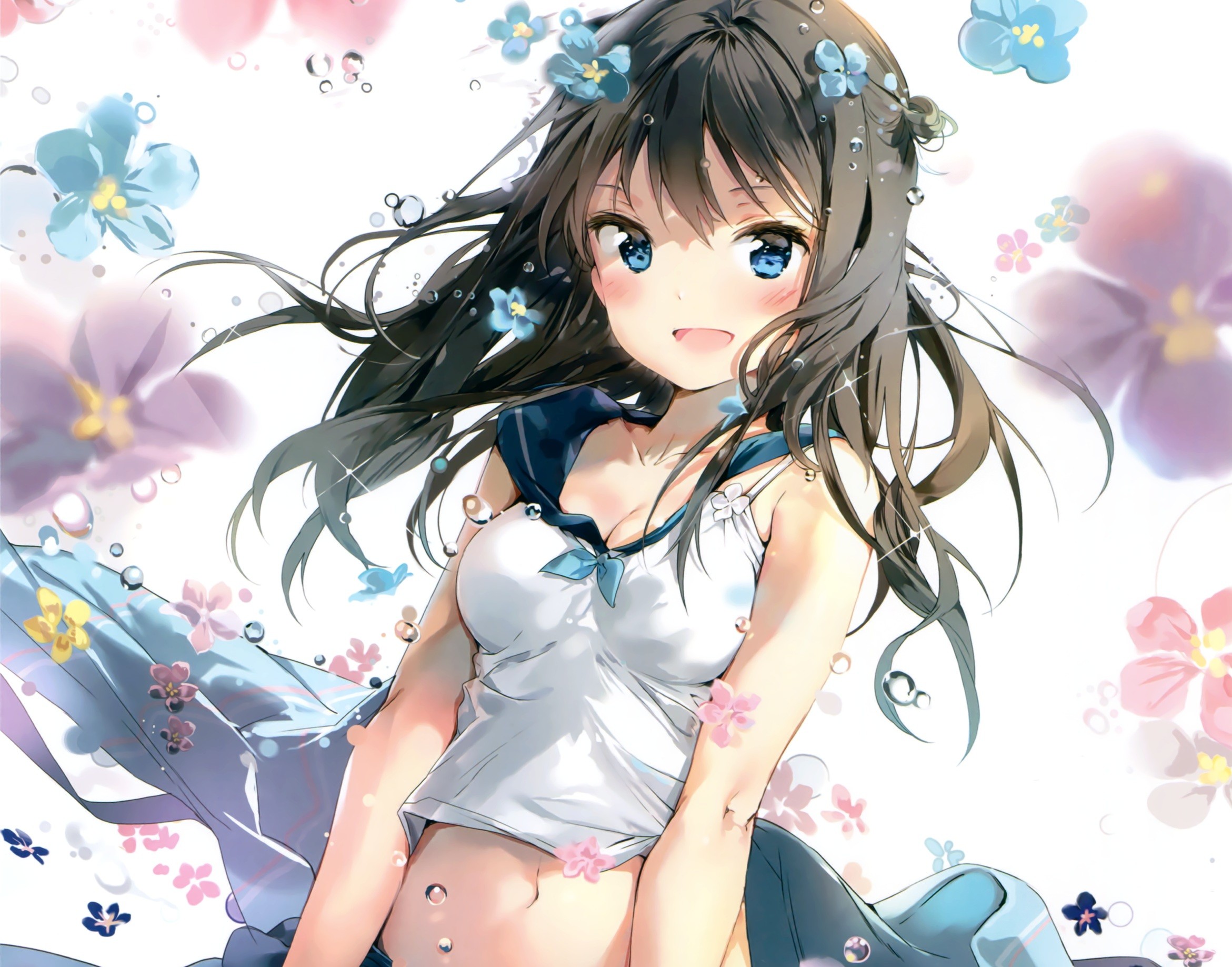 Anime 2341x1837 anime anime girls blue eyes cleavage long hair Anmi belly flowers brunette