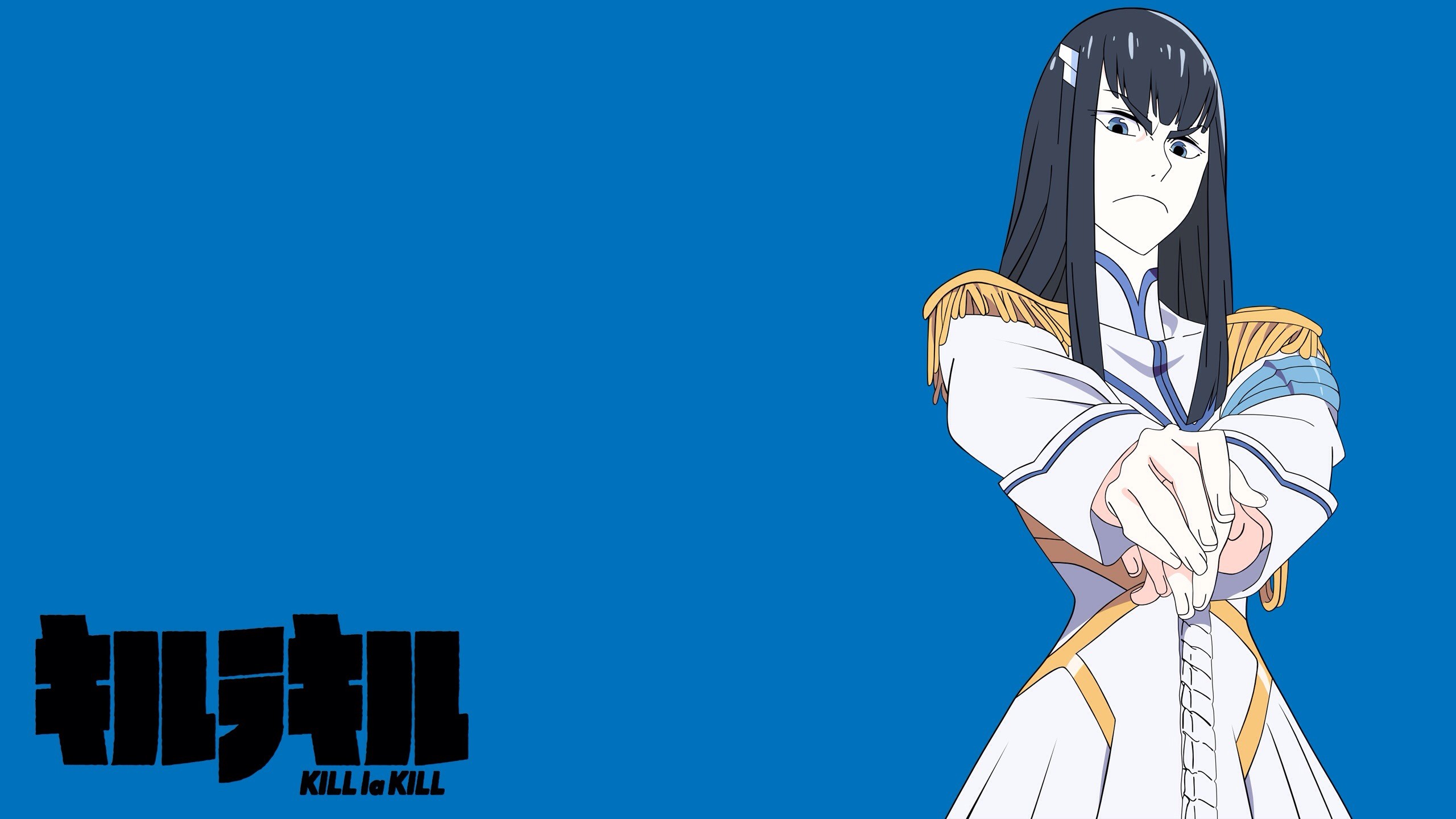 Anime 2560x1440 Kill la Kill Kiryuin Satsuki anime girls blue background simple background angry anime dark hair long hair