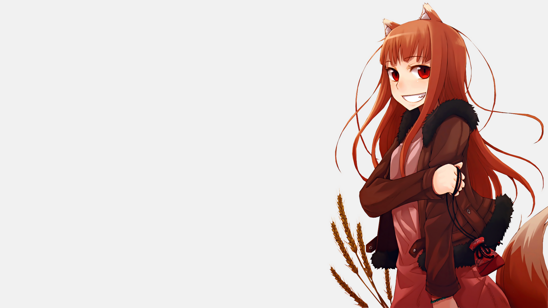 Anime 1920x1080 Spice and Wolf Holo (Spice and Wolf) anime girls red eyes animal ears white background simple background smiling long hair wheat plants tail