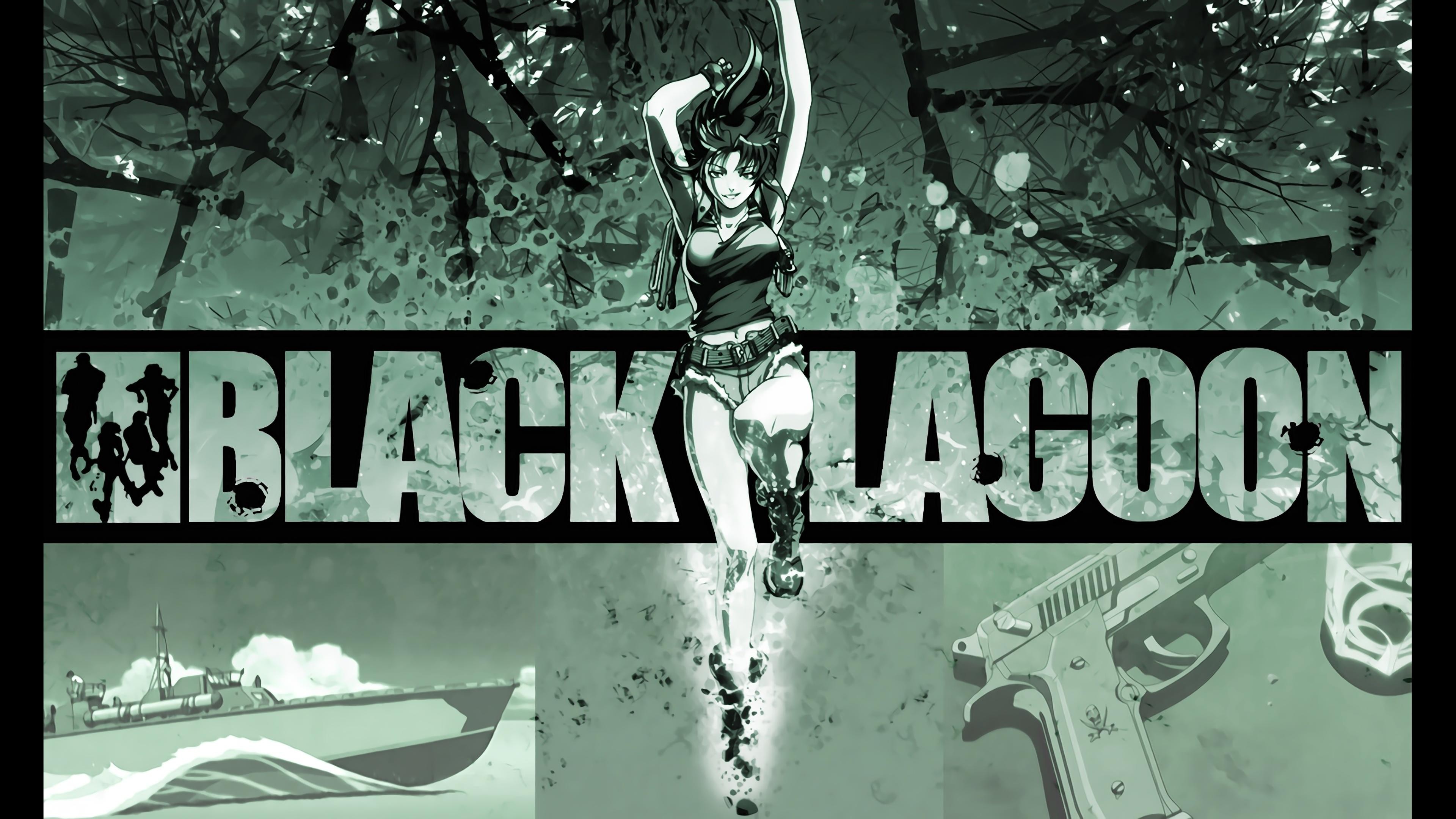 Anime 3840x2160 Black Lagoon Revy gun frontal view anime anime girls jean shorts arms up legs women weapon