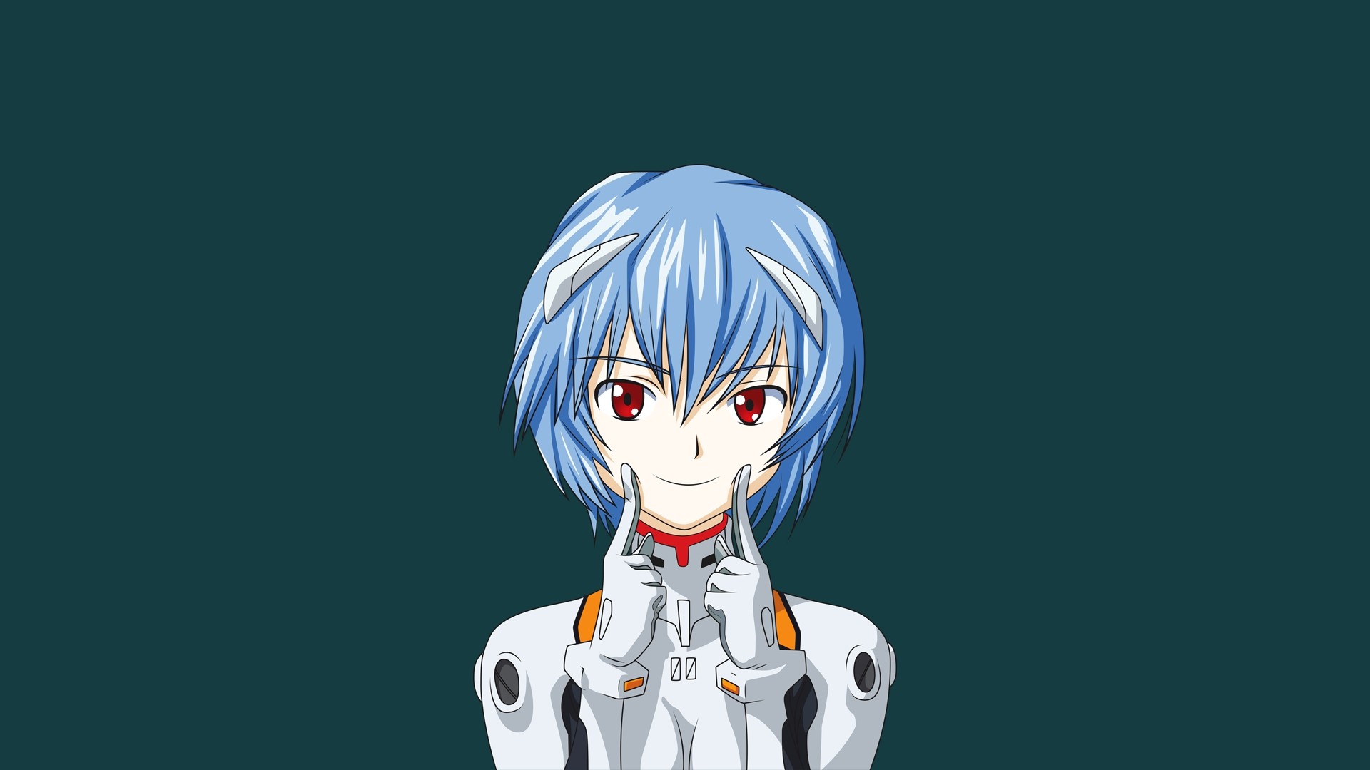 Anime 1920x1080 Neon Genesis Evangelion anime Ayanami Rei anime girls simple background smiling red eyes looking at viewer blue hair