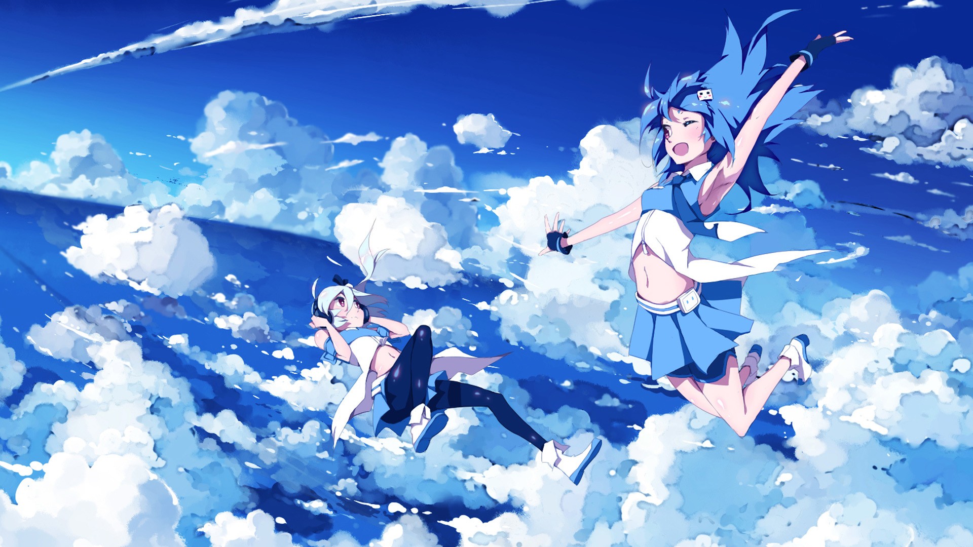 Anime 1920x1080 clouds skydiving falling windy anime sky anime girls two women belly skirt open mouth blue hair long hair tie