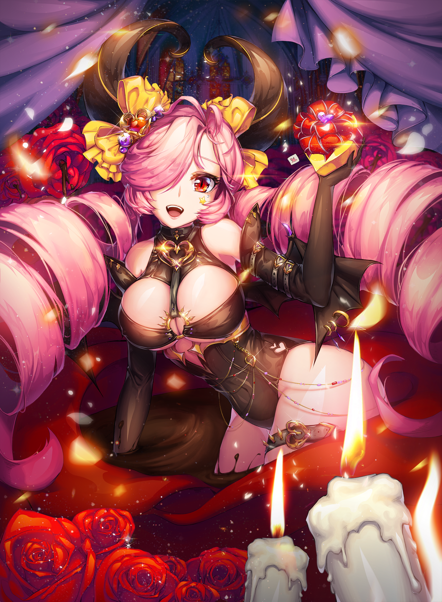 Anime 1500x2042 anime anime girls long hair pink hair red eyes big boobs Pixiv boobs curvy hair over one eye open mouth candles