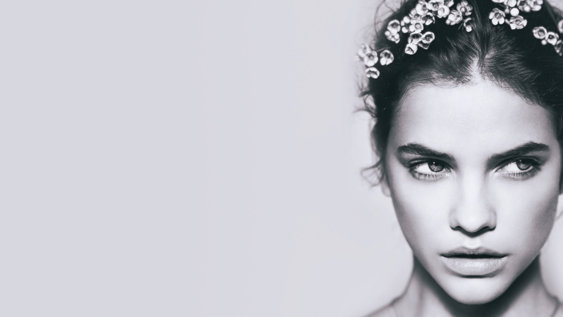 People 1920x1080 women photography Barbara Palvin model looking away face flower in hair portrait simple background