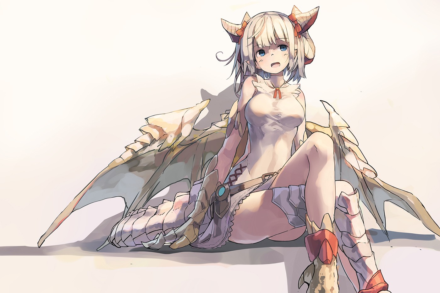 Anime 1400x934 blue eyes boots hair bows white dress gray hair horns Puzzle & Dragons short hair tail wings white background