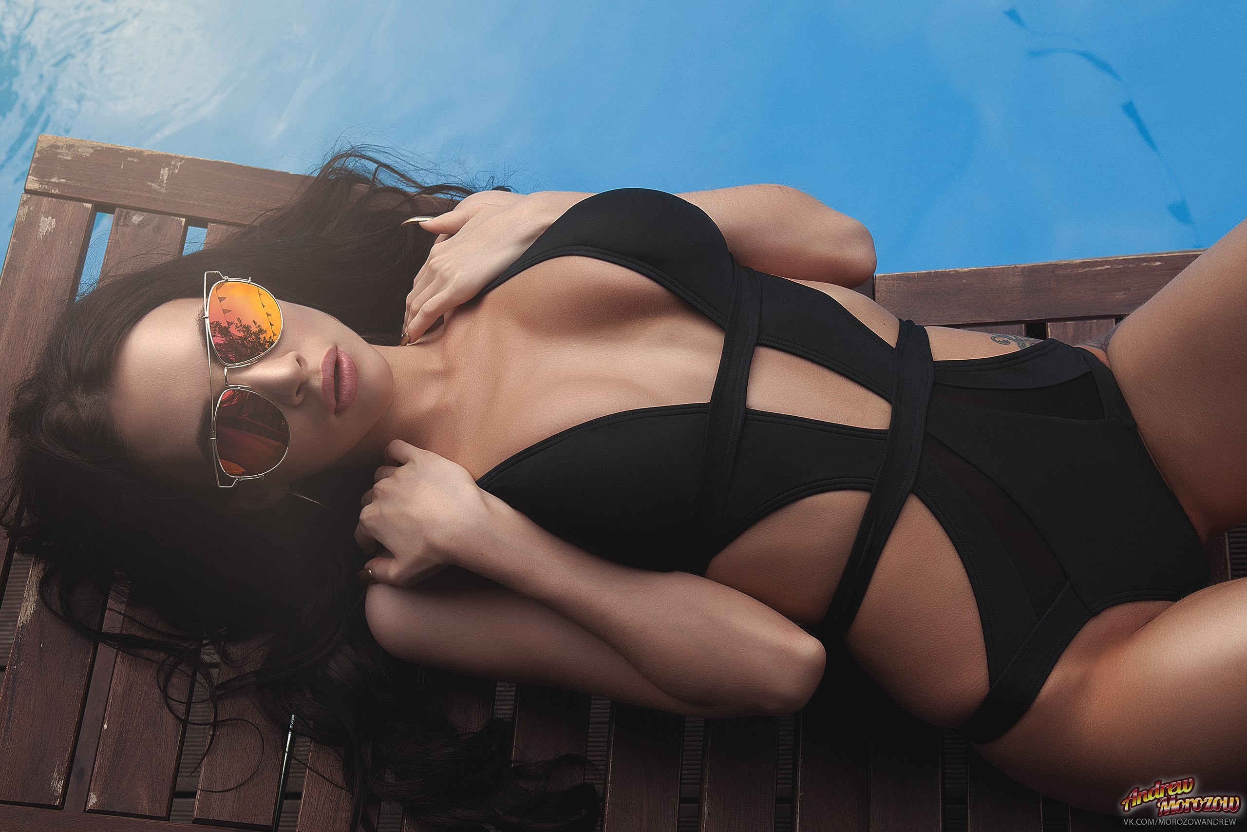 People 2560x1707 women Andrew Morozow top view one-piece swimsuit tanned sunglasses swimming pool lying on back Polina Alekseevna