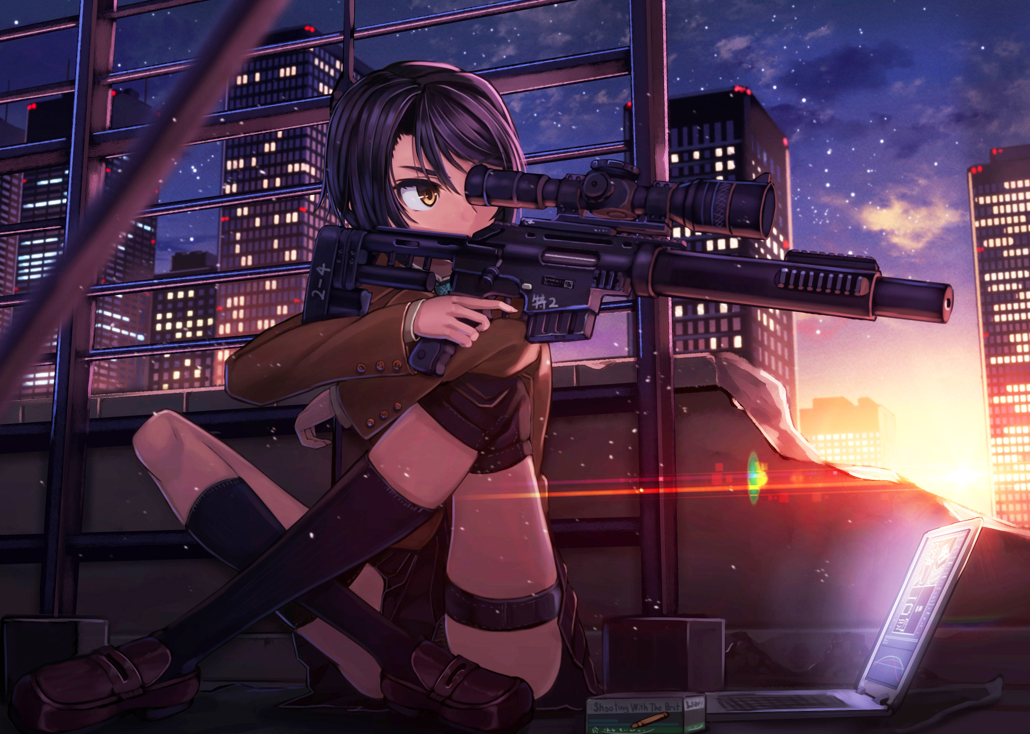 Anime 2086x1487 anime anime girls city skyscraper girls with guns sniper rifle dusk aiming rifles thighs legs sitting laptop yellow eyes dark hair