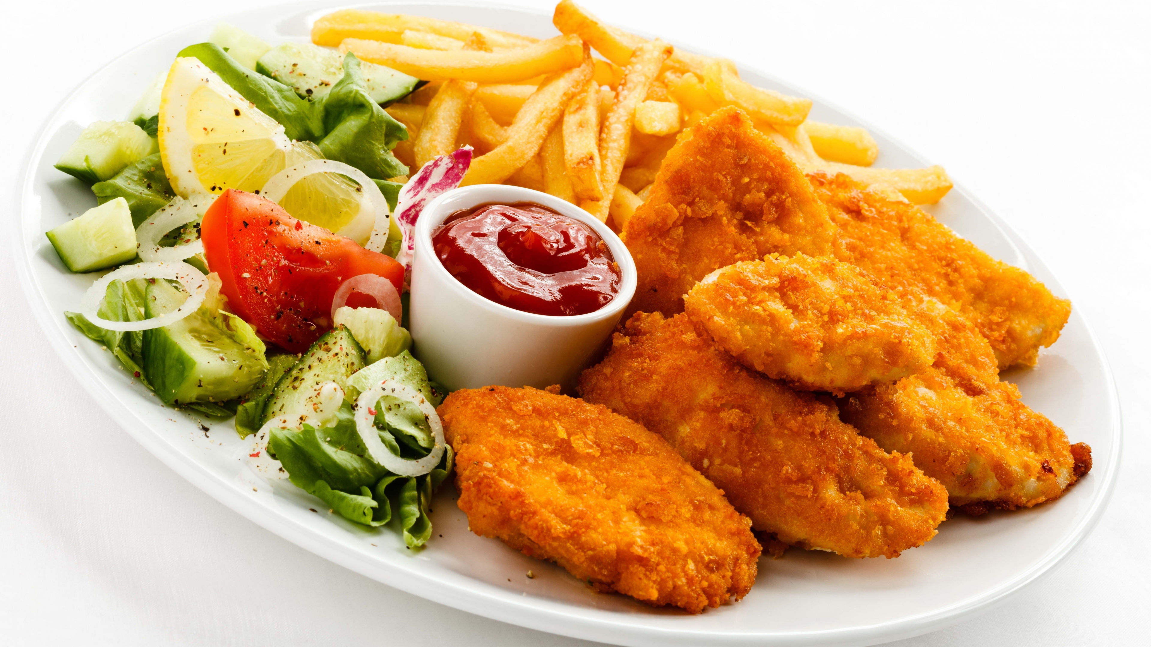 General 3840x2160 fried chicken fries ketchup food simple background