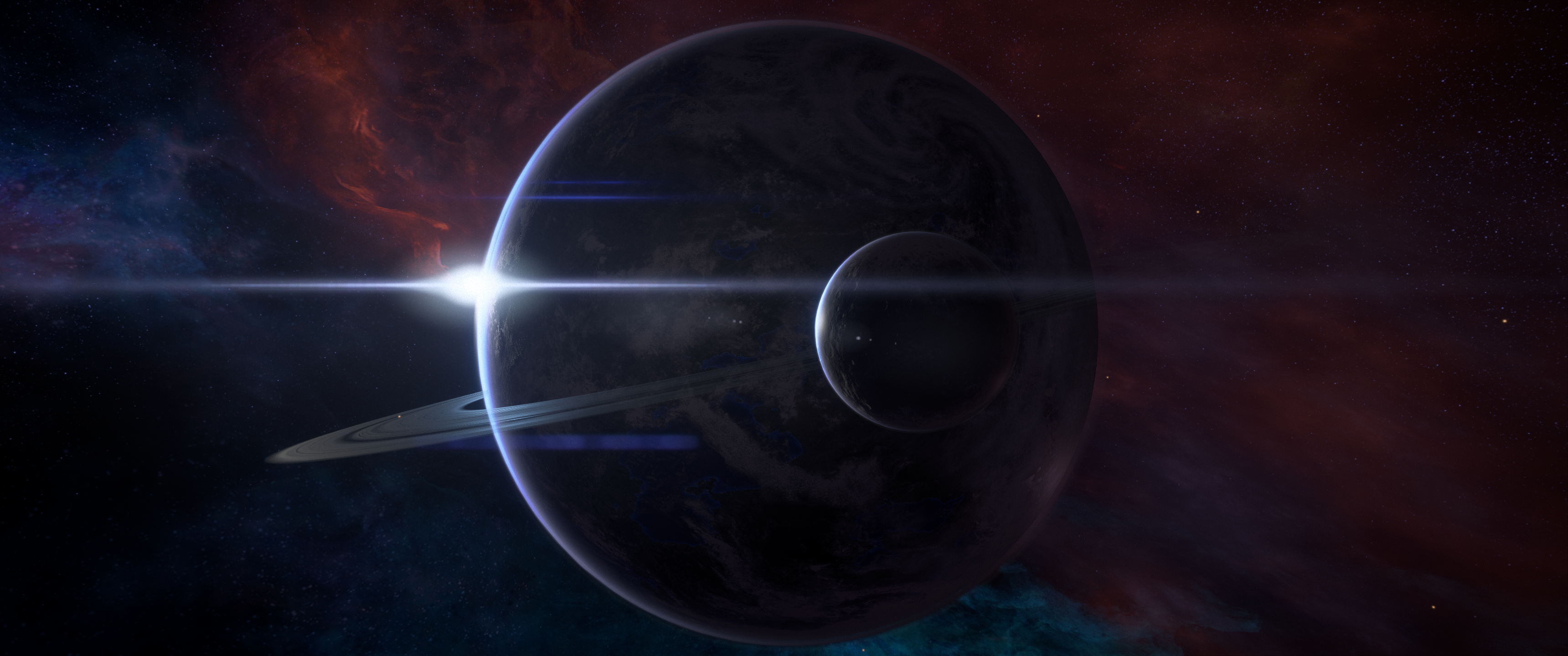 General 3440x1440 Mass Effect: Andromeda video games space planet stars planetary rings lens flare Moon