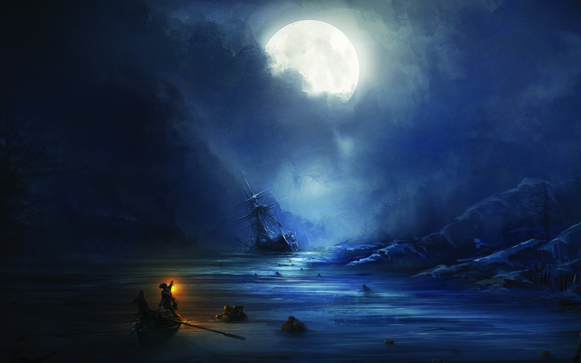 General 1920x1200 artwork concept art boat ship sailing ship sea Moon moonlight shipwreck Assassin's Creed