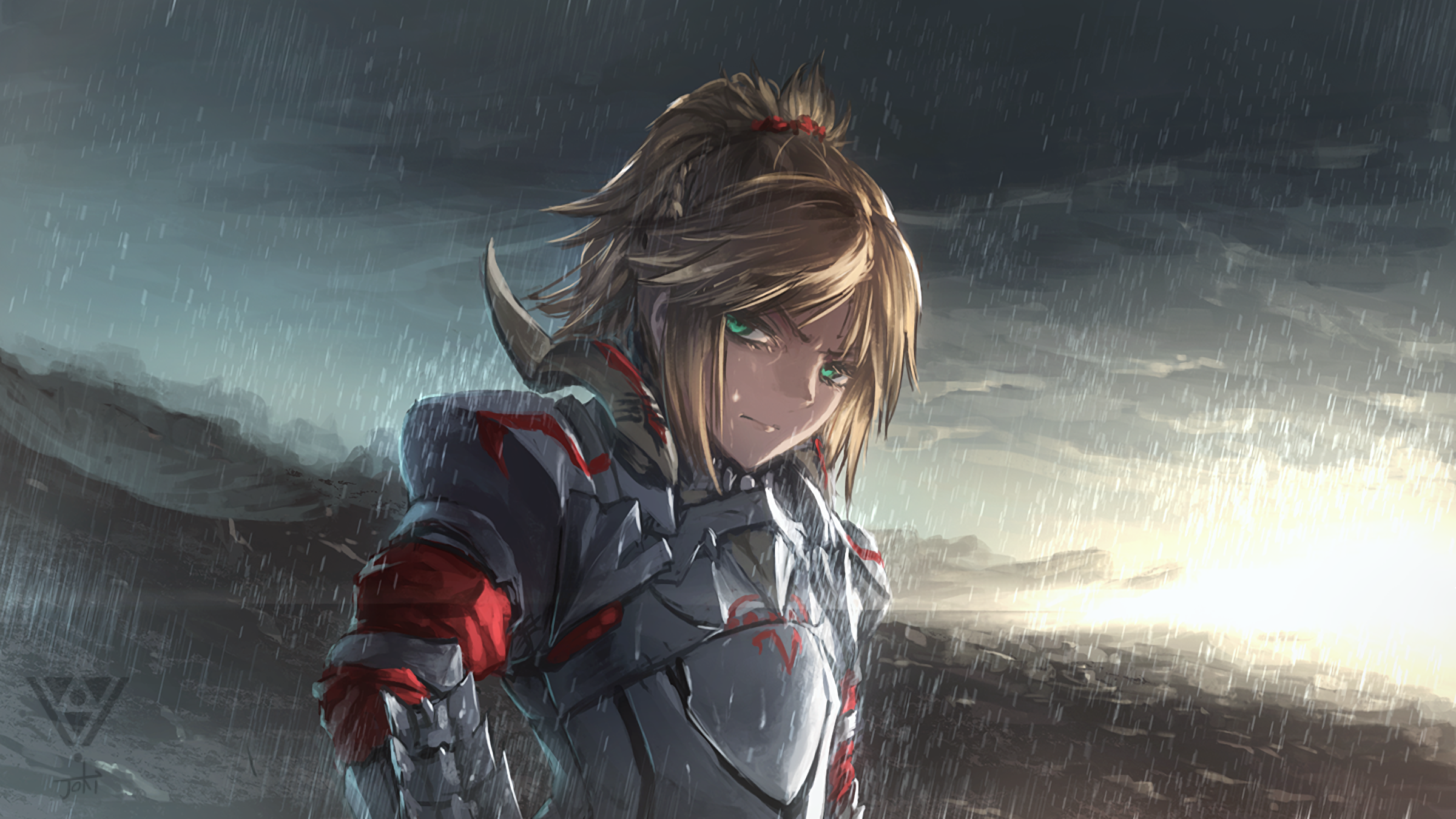 Anime 2400x1350 Fate/Apocrypha  anime girls Mordred (Fate/Apocrypha) Fate series Fate/Grand Order armored woman rain anime green eyes bangs messy hair ponytail looking at viewer hair in face fan art fantasy armor female warrior blonde armor