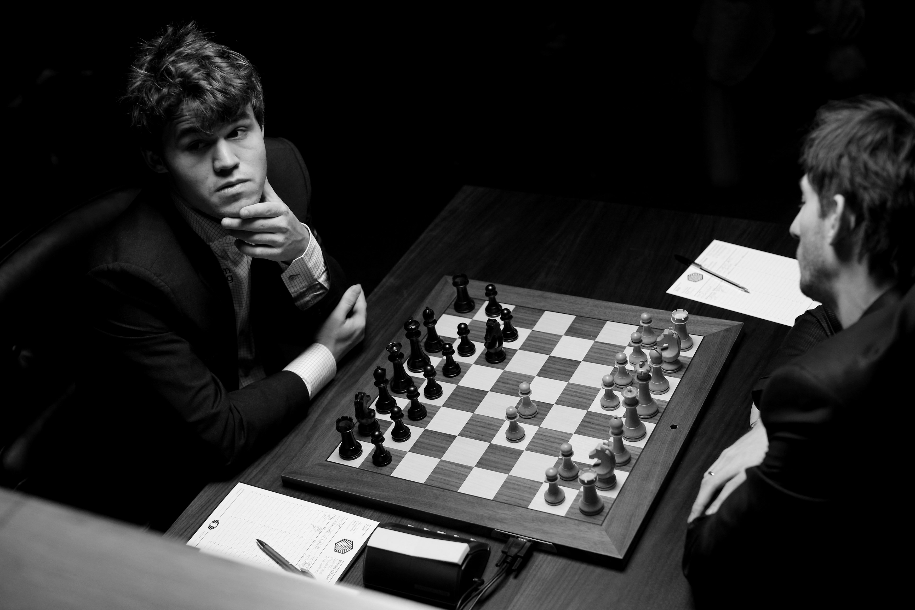 People 3500x2334 chess Magnus Carlsen men board games monochrome pawns resting head norwegian Alexander Gryschuk