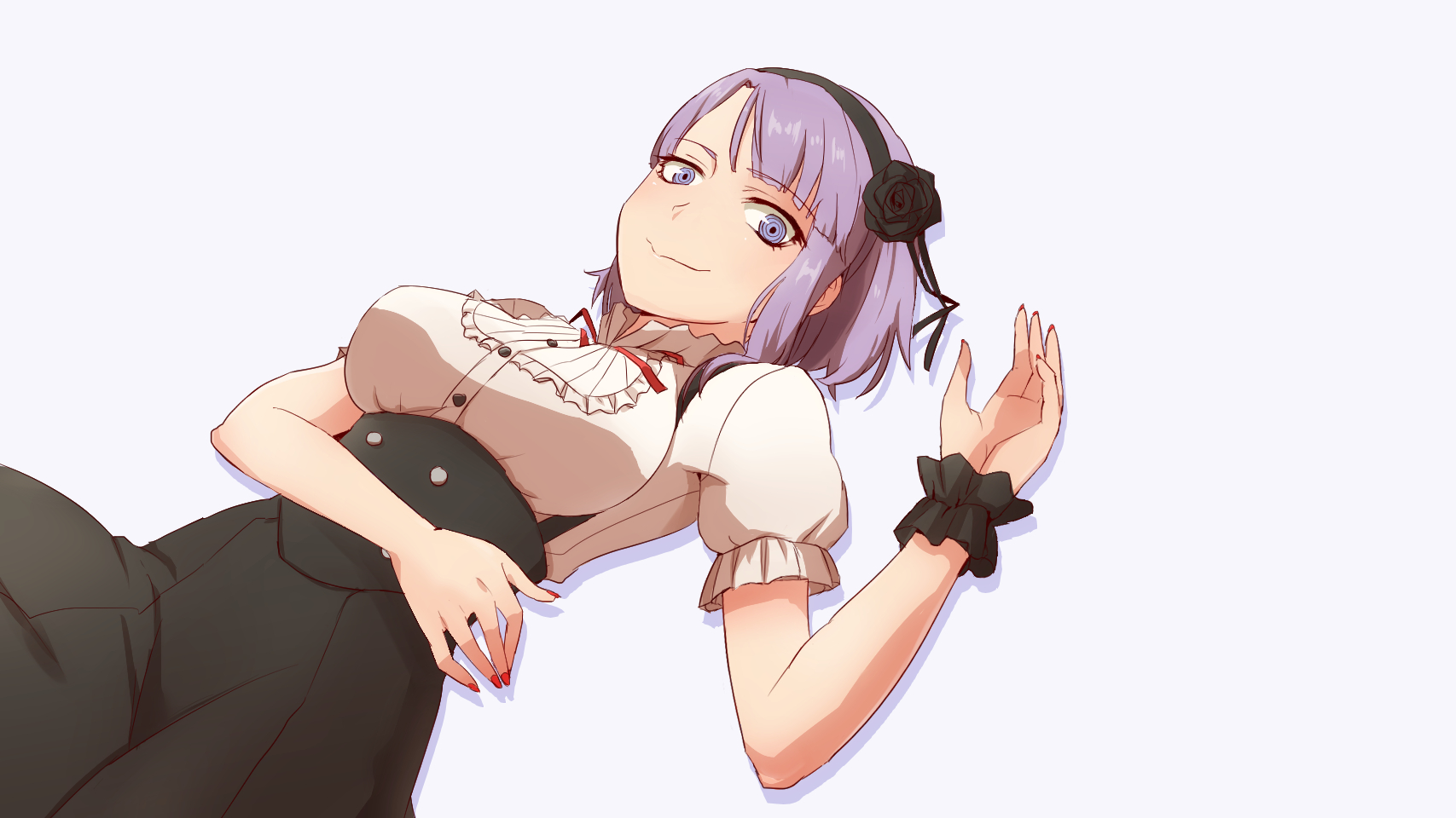 Anime 1707x960 anime anime girls Shidare Hotaru Dagashi Kashi white background simple background boobs big boobs purple hair red nails painted nails lying on back looking at viewer