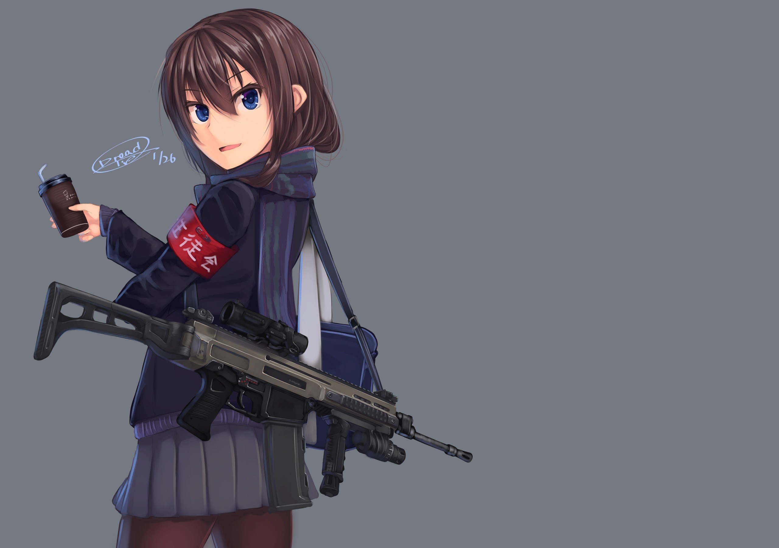 Anime 2560x1800 gun anime girls school uniform original characters CZ 805 BREN girls with guns weapon simple background brunette anime