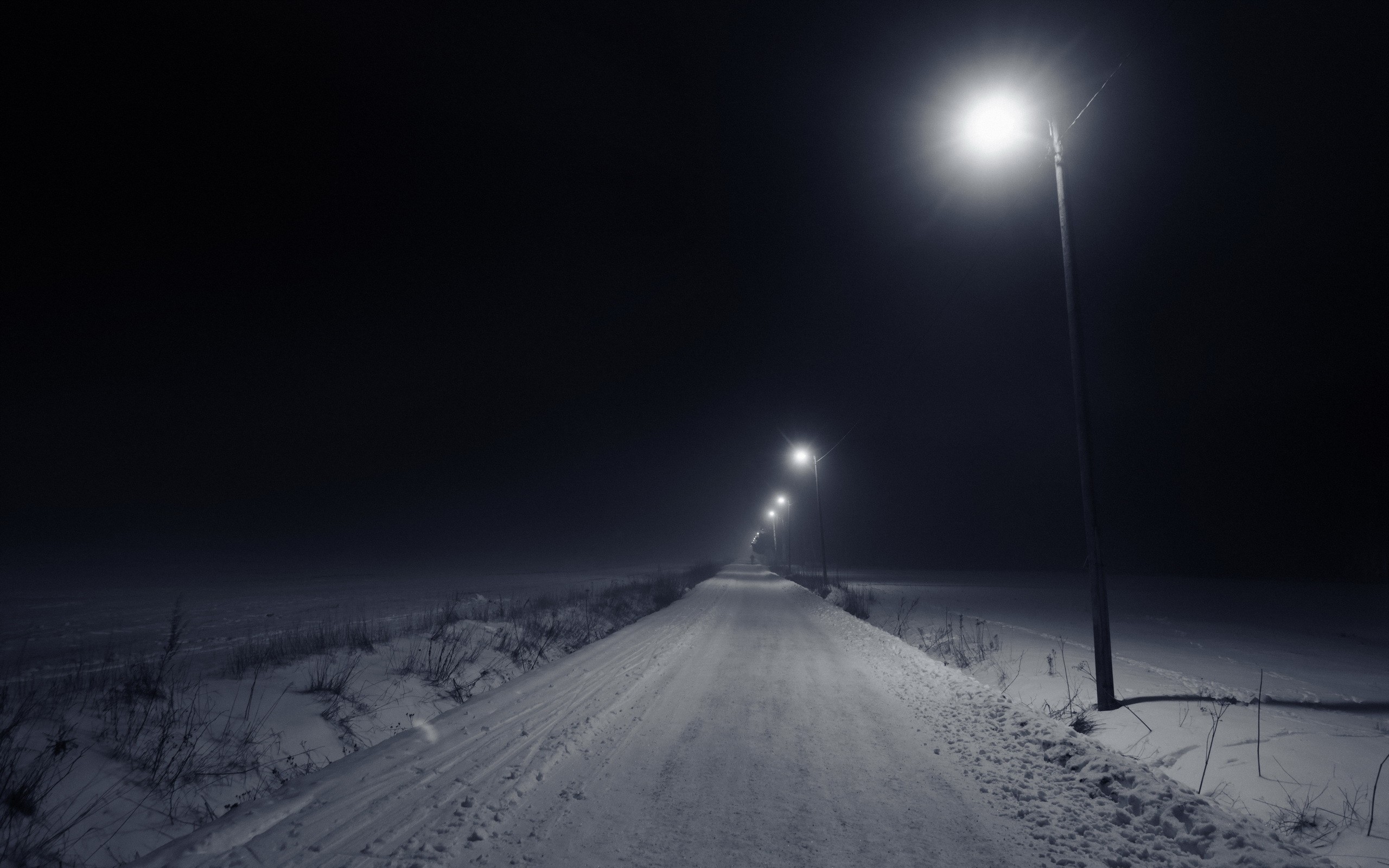 General 2560x1600 night winter road lamp snow dark outdoors cold long road low light