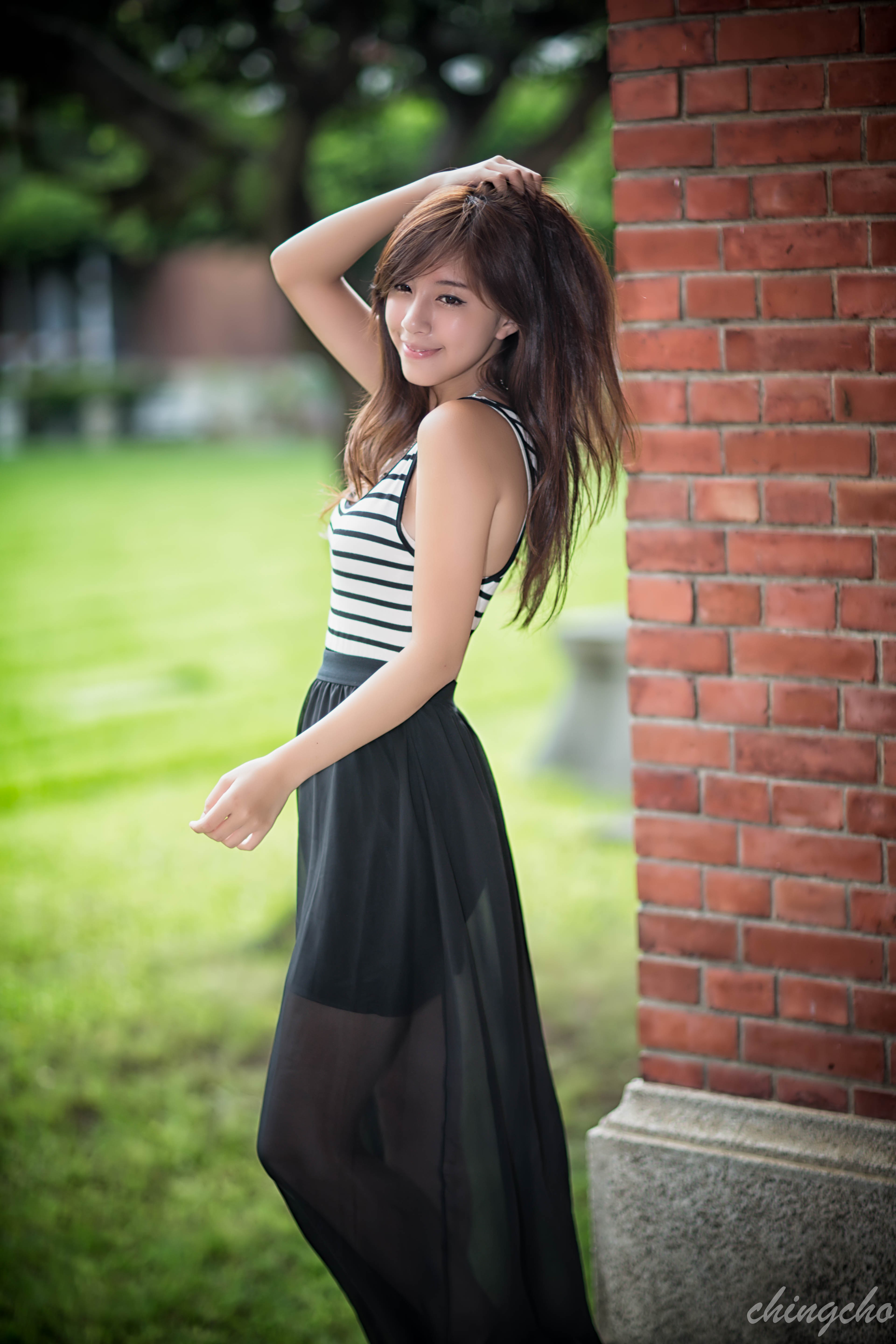 People 3840x5760 chingcho Asian women brunette smiling depth of field arms up urban striped clothing standing women outdoors Chinese women