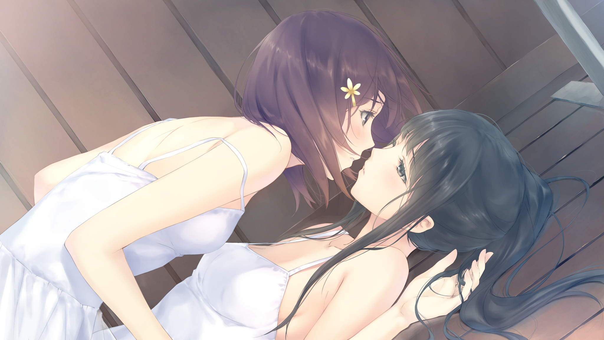 Anime 2048x1152 women brunette kissing anime ecchi drawing original characters yuri Innocent Grey anime girls lesbians flower in hair two women long hair