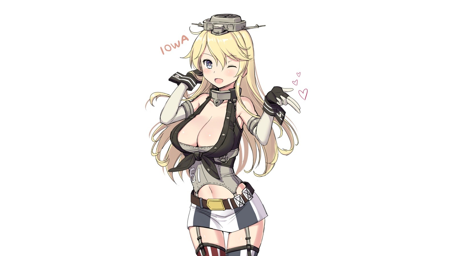 Anime 1600x900 anime anime girls Kantai Collection Iowa (KanColle) cleavage boobs big boobs huge breasts one eye closed heart (design) long hair blonde miniskirt white background open mouth curvy
