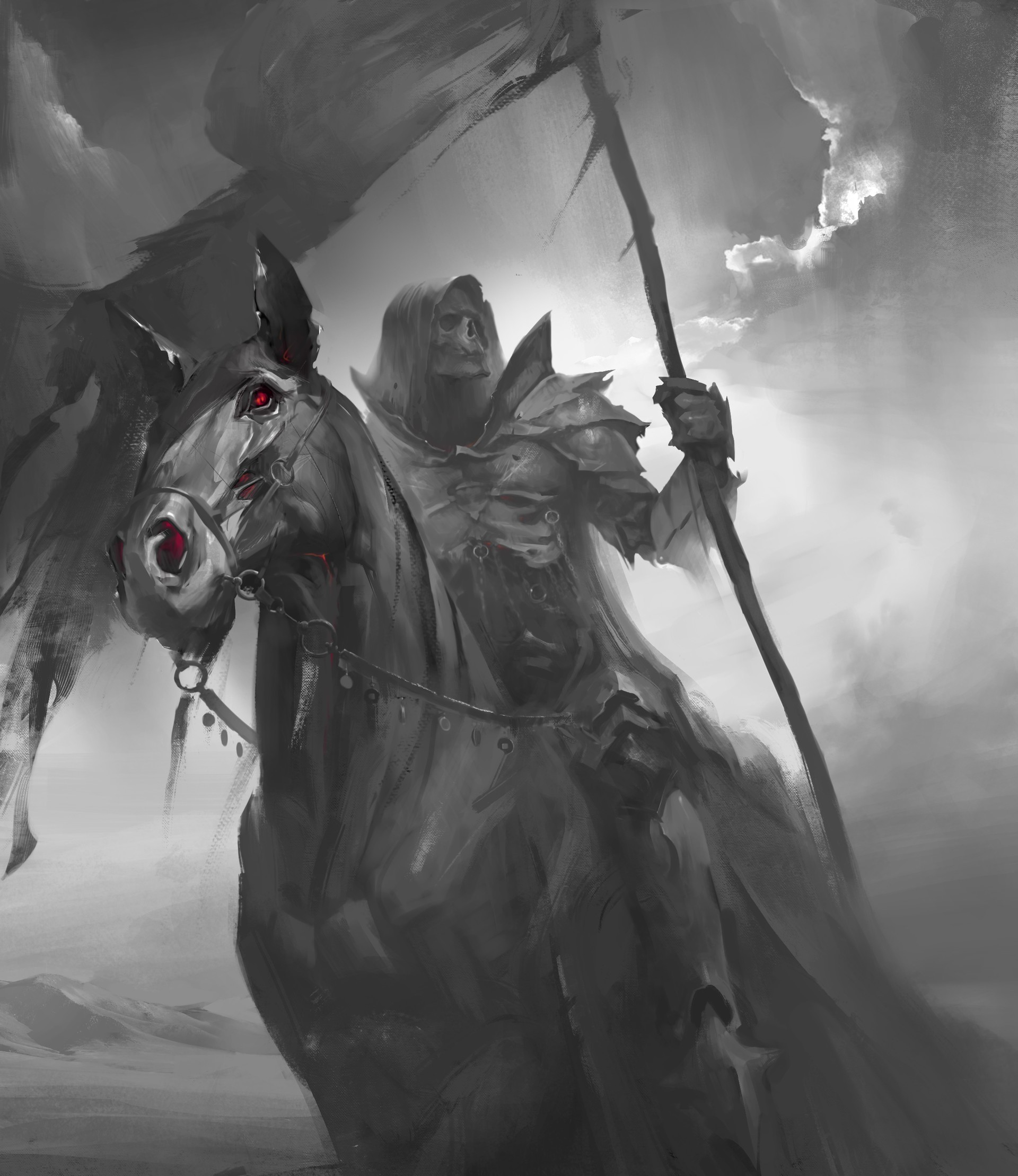 General 1920x2218 drawing death monochrome horseman glowing eyes skull banner fantasy art selective coloring