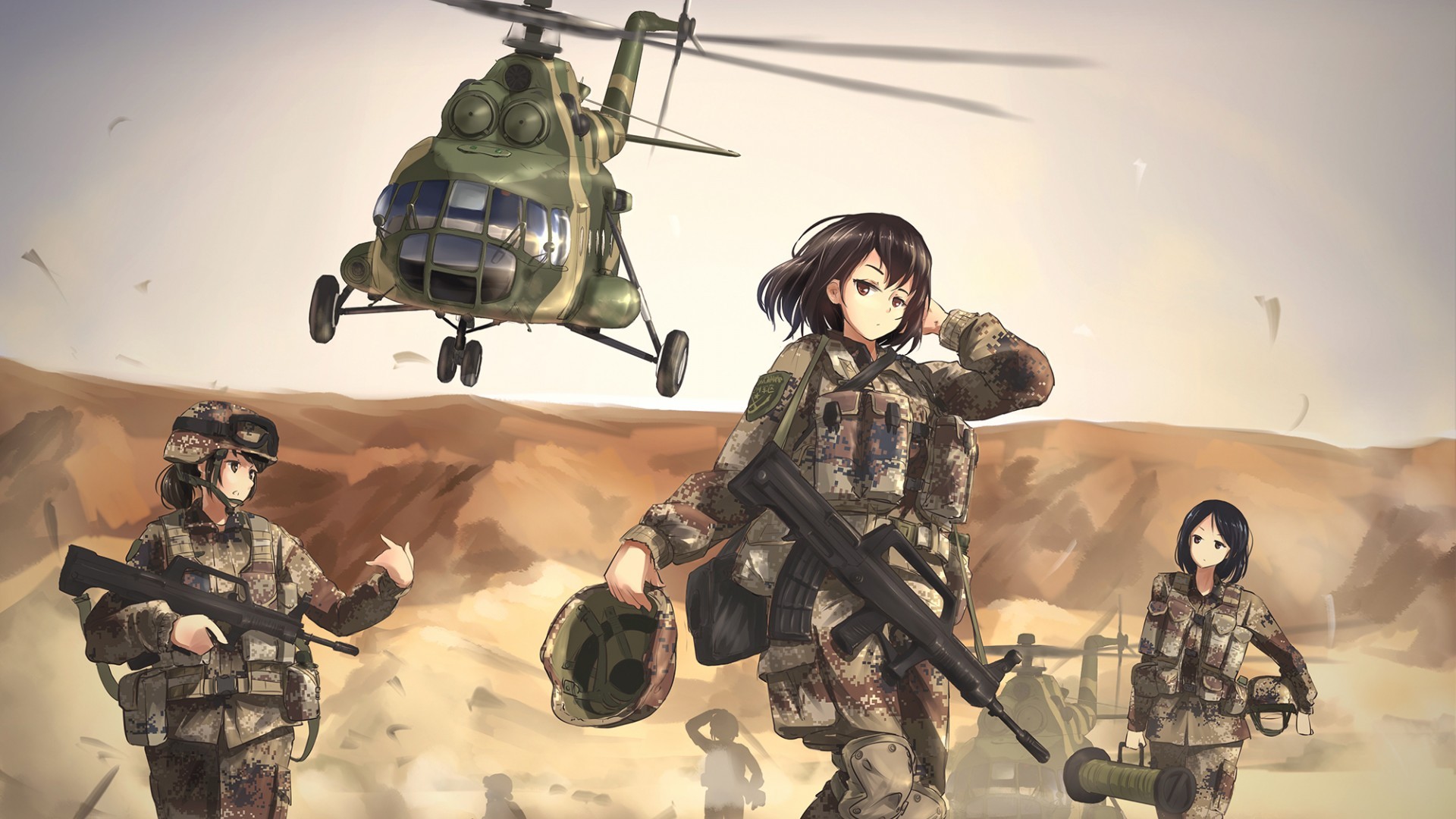 Anime 1920x1080 military helicopters Mil Mi-17 vehicle girls with guns machine gun soldier uniform military vehicle women trio