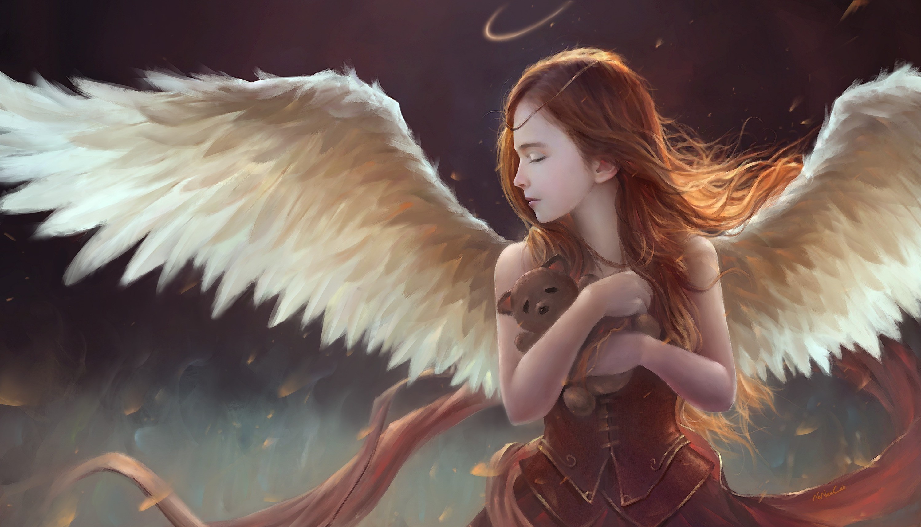 General 2997x1716 fantasy art angel children teddy bears wings fantasy girl closed eyes plush toy long hair