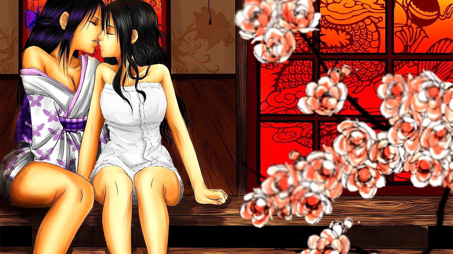 Anime 1920x1080 anime anime girls closed eyes Japanese clothes kimono kissing long hair lesbians original characters ecchi two women sitting knees thighs purple hair black hair women flowers