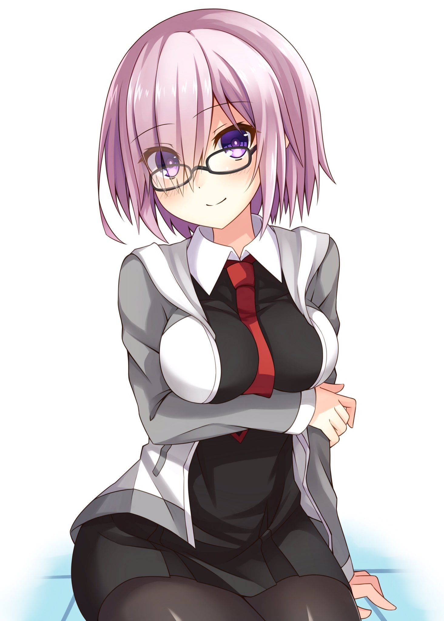 Anime 1464x2048 anime anime girls Fate/Grand Order Fate series Mash Kyrielight boobs tie pink hair women with glasses purple eyes sitting smiling white background simple background looking at viewer