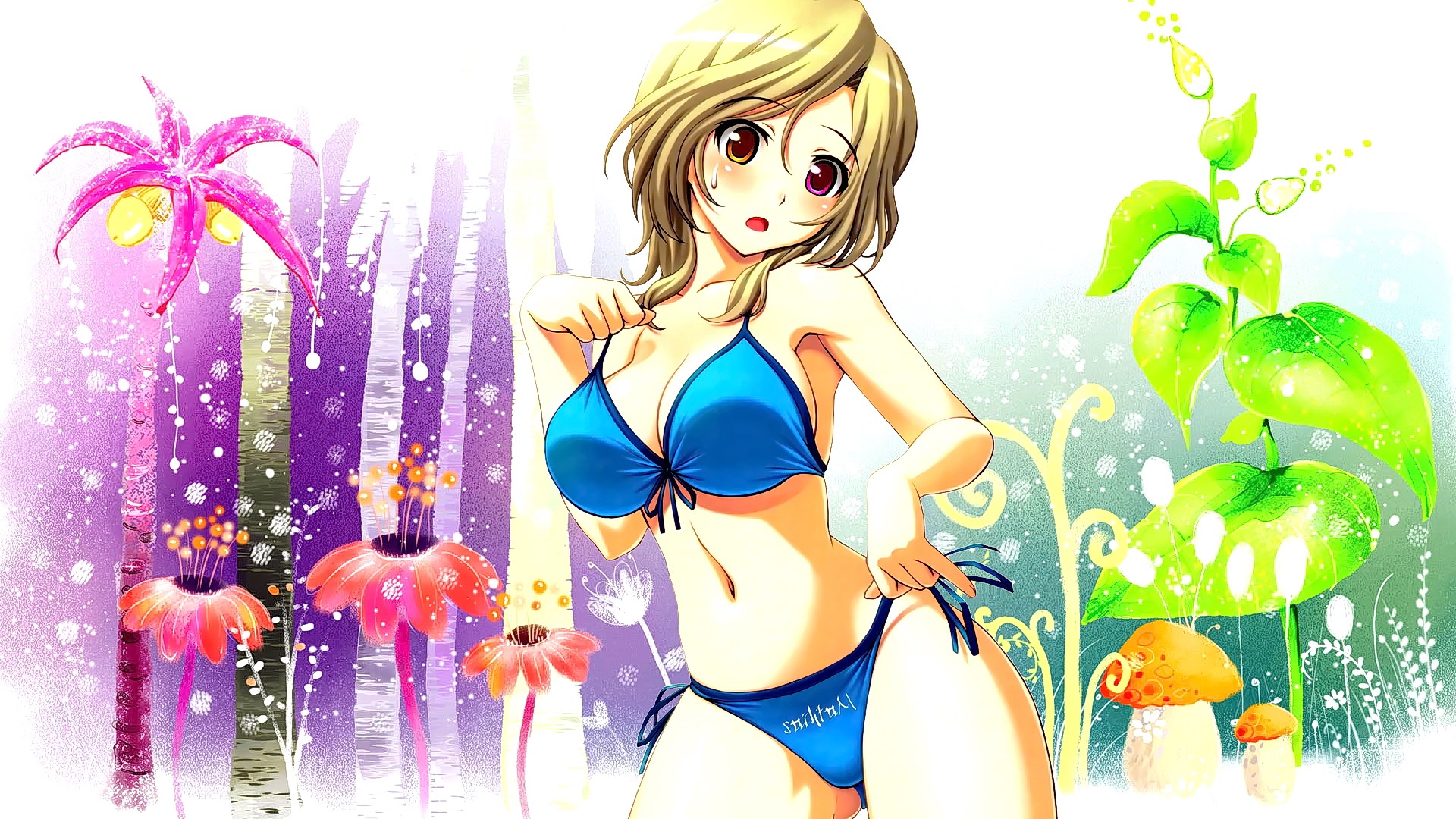 Anime 1920x1080 anime anime girls blonde short hair looking at viewer bikini heterochromia open mouth Dream C Club  boobs blue bikini belly plants