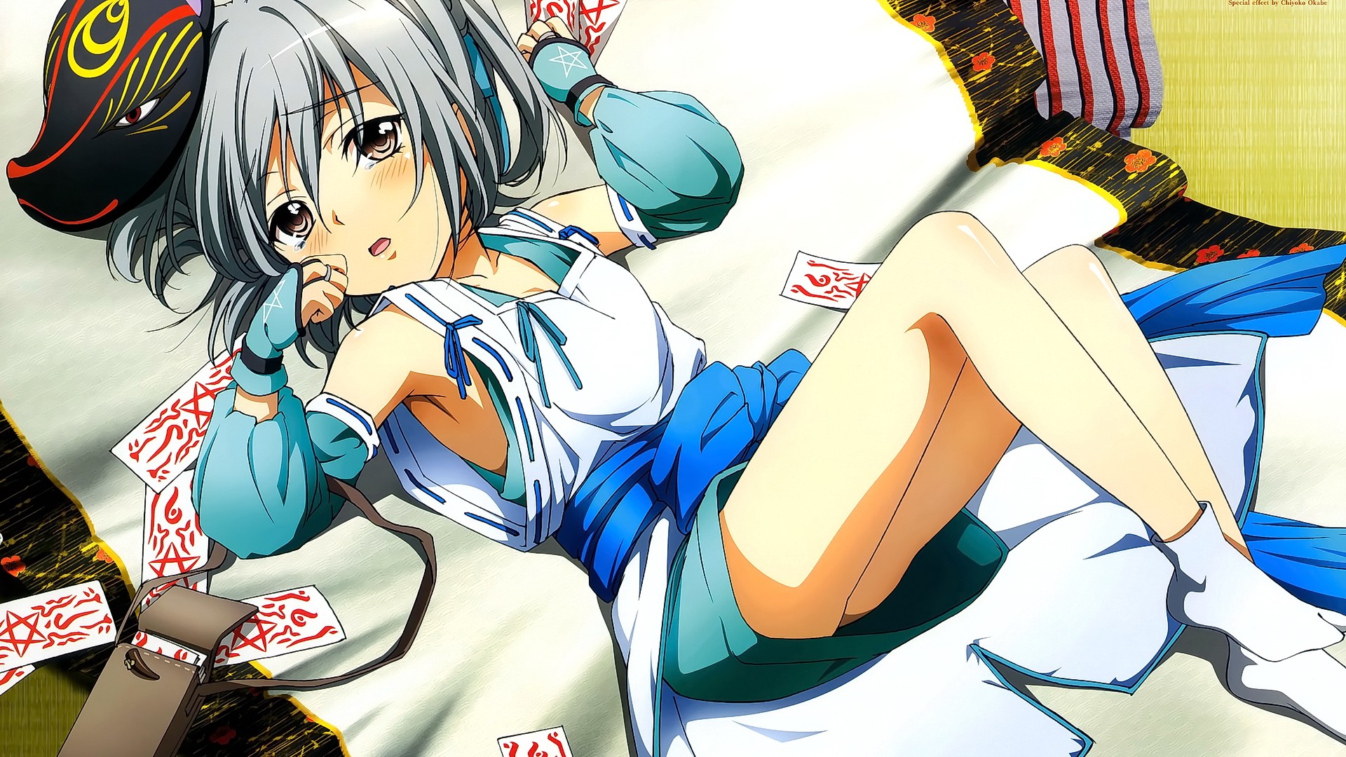 Anime 1920x1080 anime anime girls gray hair looking at viewer Oda Nobuna no Yabou thighs legs socks mask open mouth knees