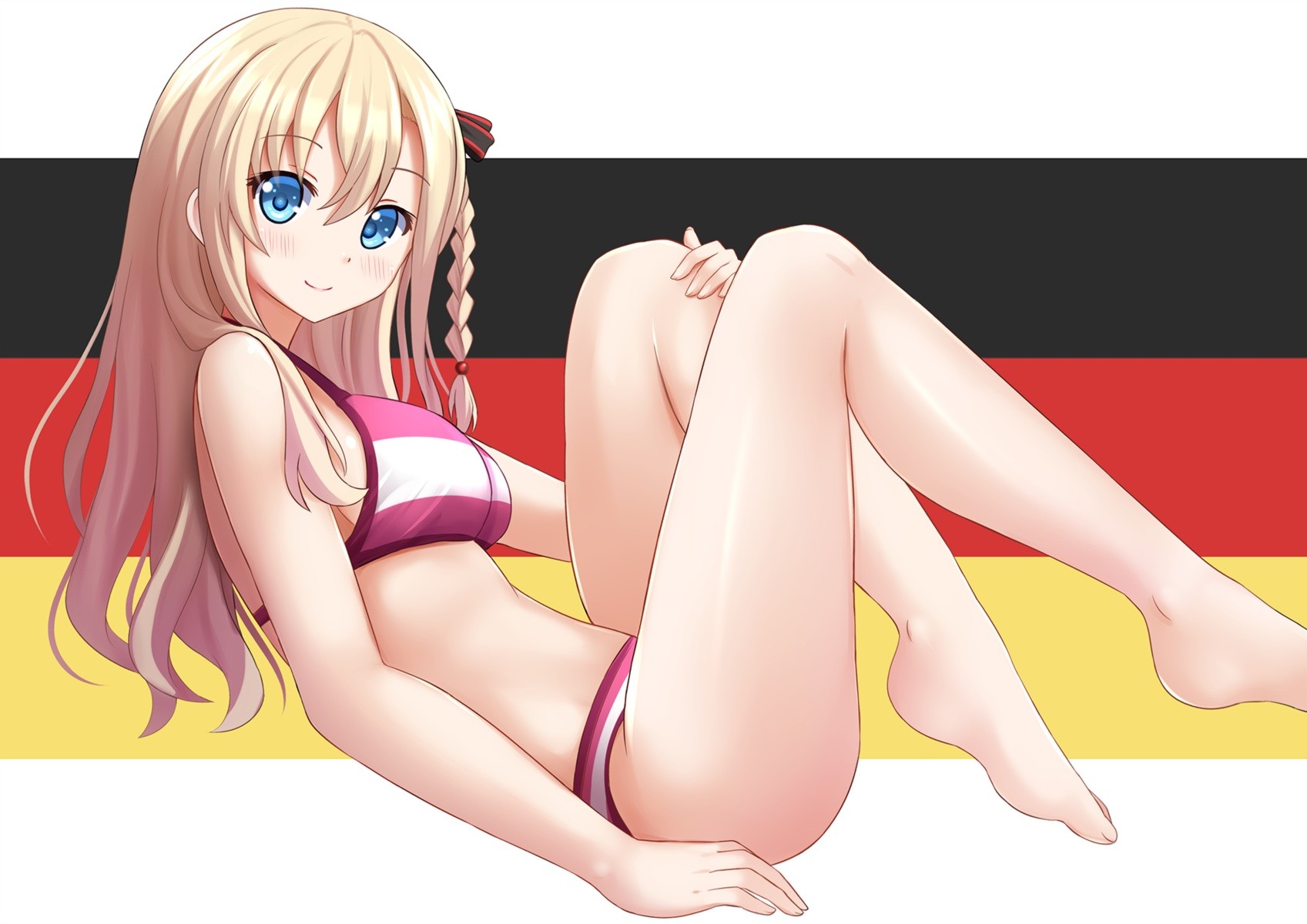 Anime 1697x1200 anime anime girls bikini long hair blonde Germany Haifuri legs blue eyes barefoot feet toes Pixiv smiling thighs looking at viewer German Flag striped bikini swimwear