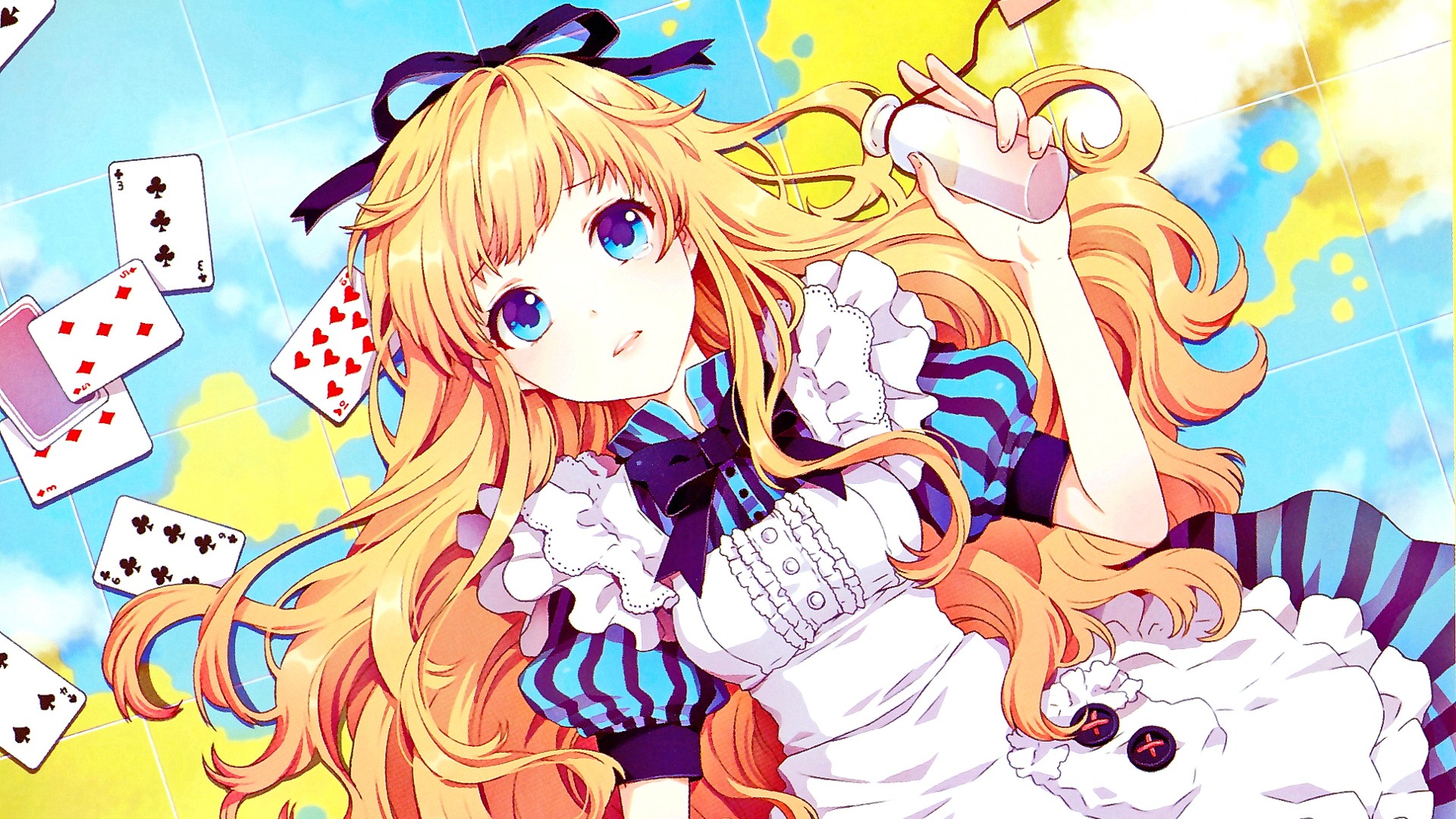 Anime 1920x1080 anime anime girls blonde long hair blue eyes looking at viewer Alice in Wonderland playing cards fantasy art fantasy girl dress