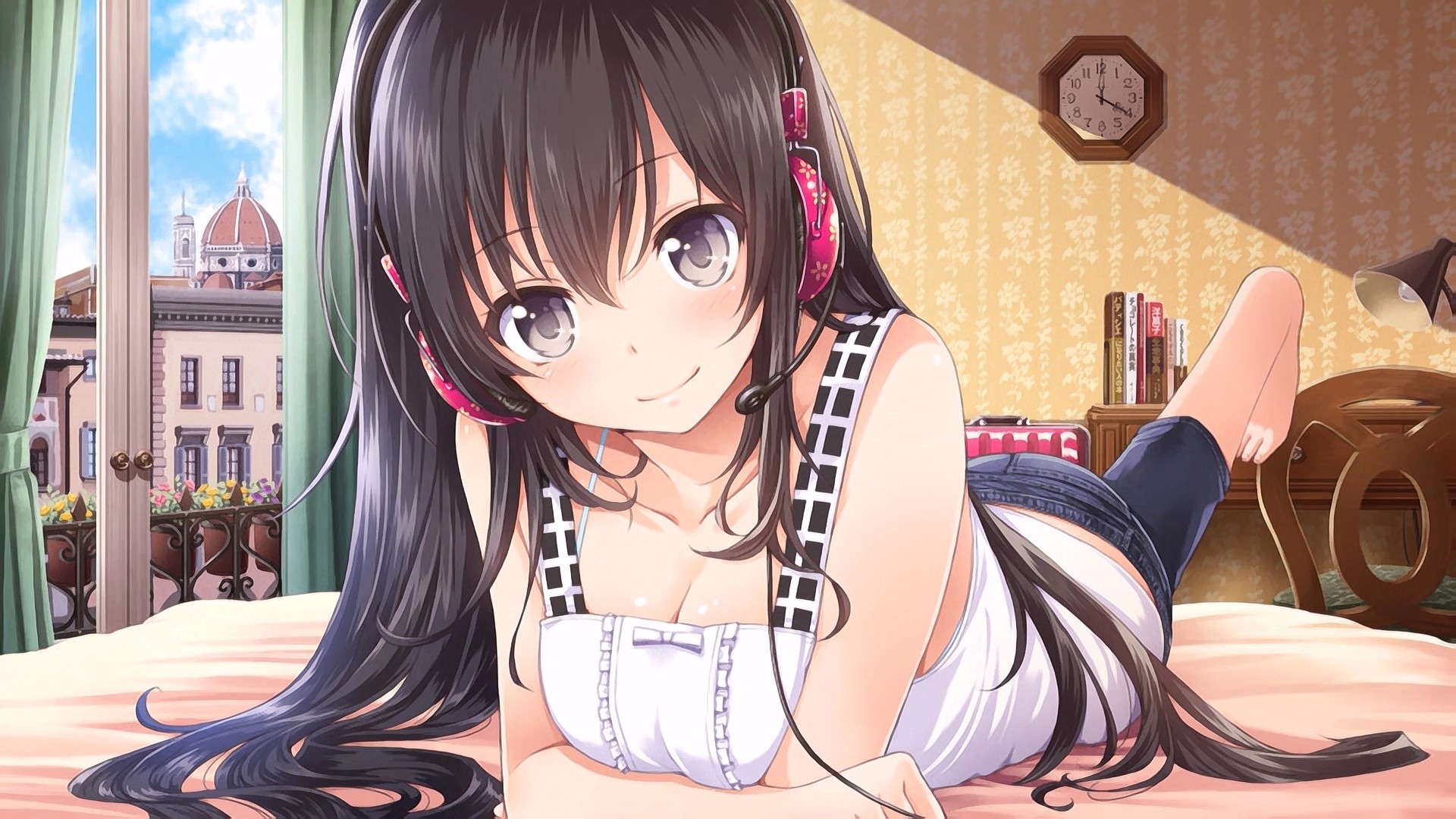 Anime 1920x1080 anime anime girls brunette long hair in bed smiling