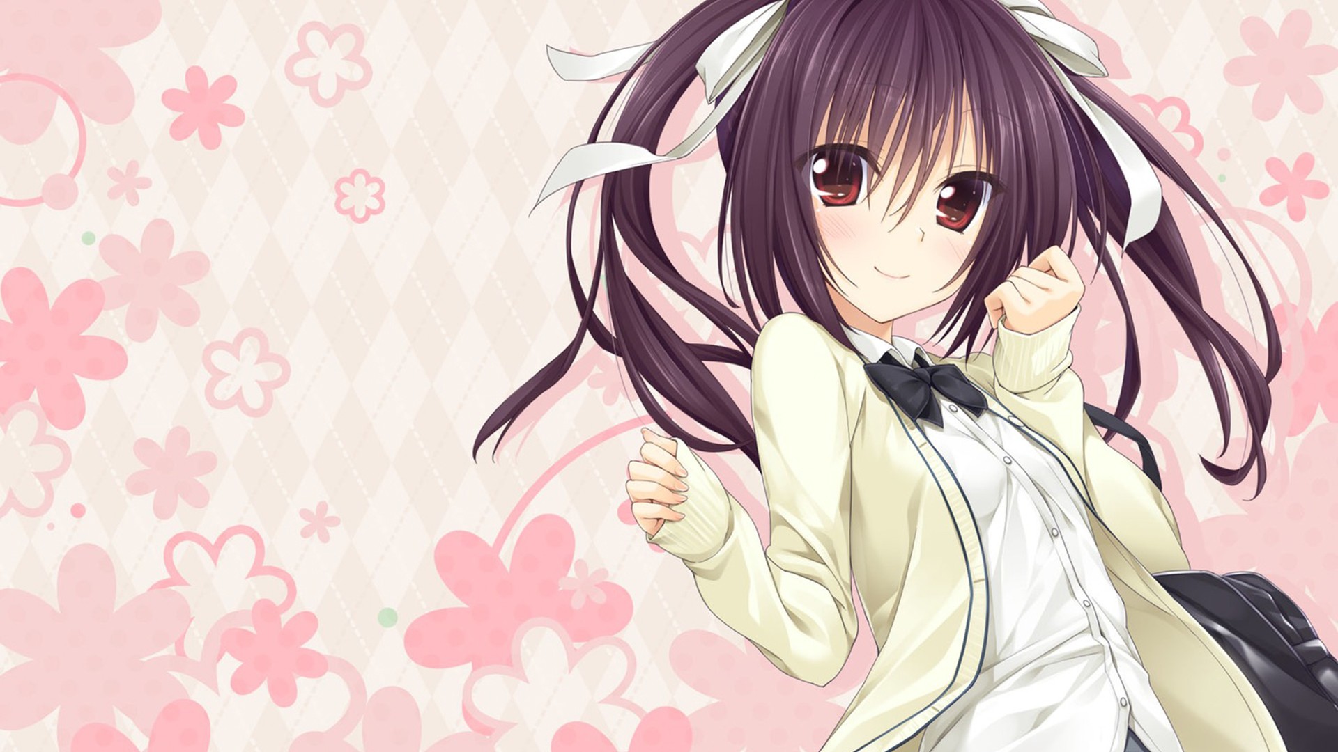 Anime 1920x1080 anime anime girls brunette long hair looking at viewer smiling red eyes school uniform